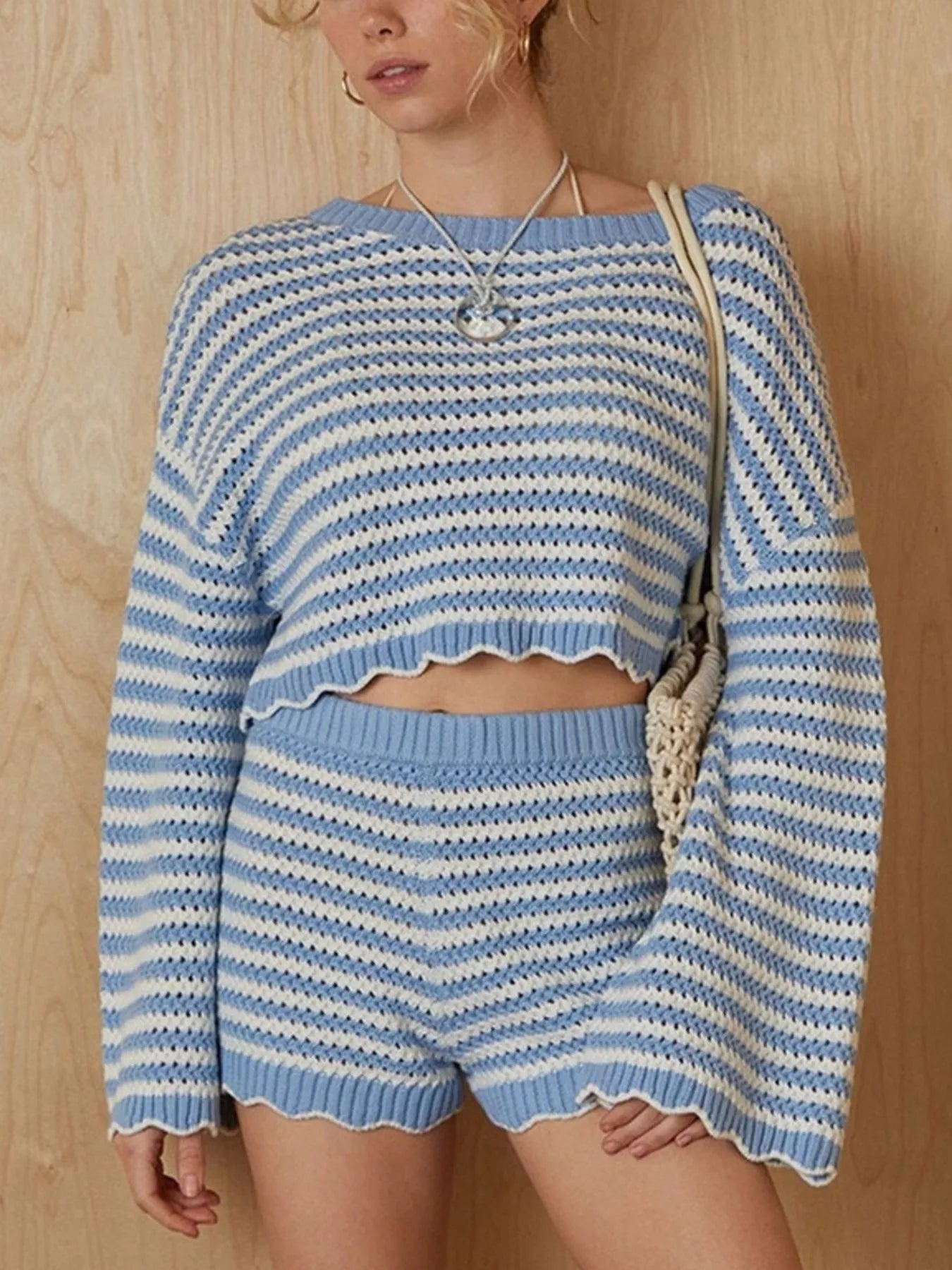 Scalloped Edges Striped Top and Shorts Set Secondary image