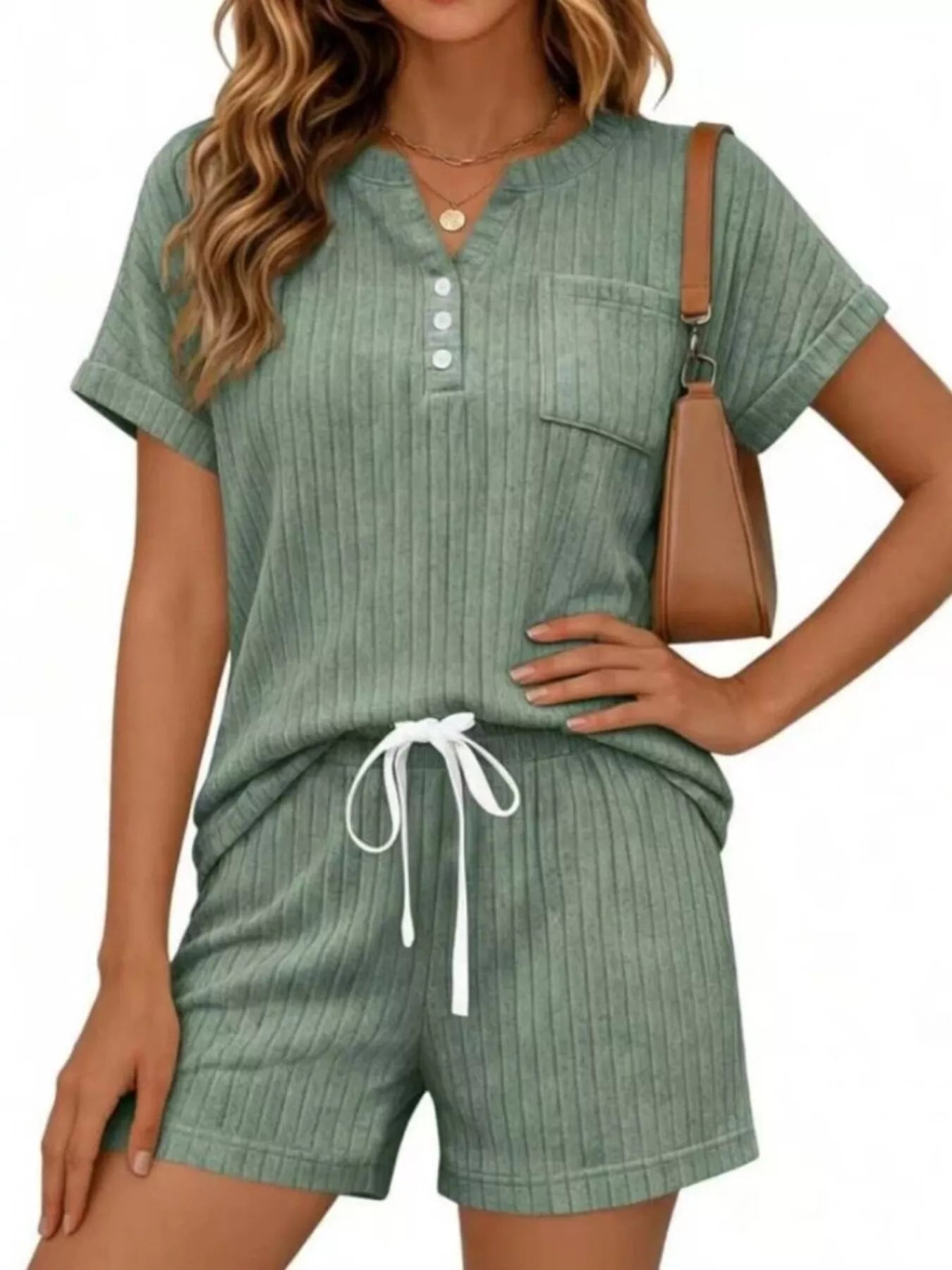 Casual Ribbed Knit Tee and Shorts Set Secondary image