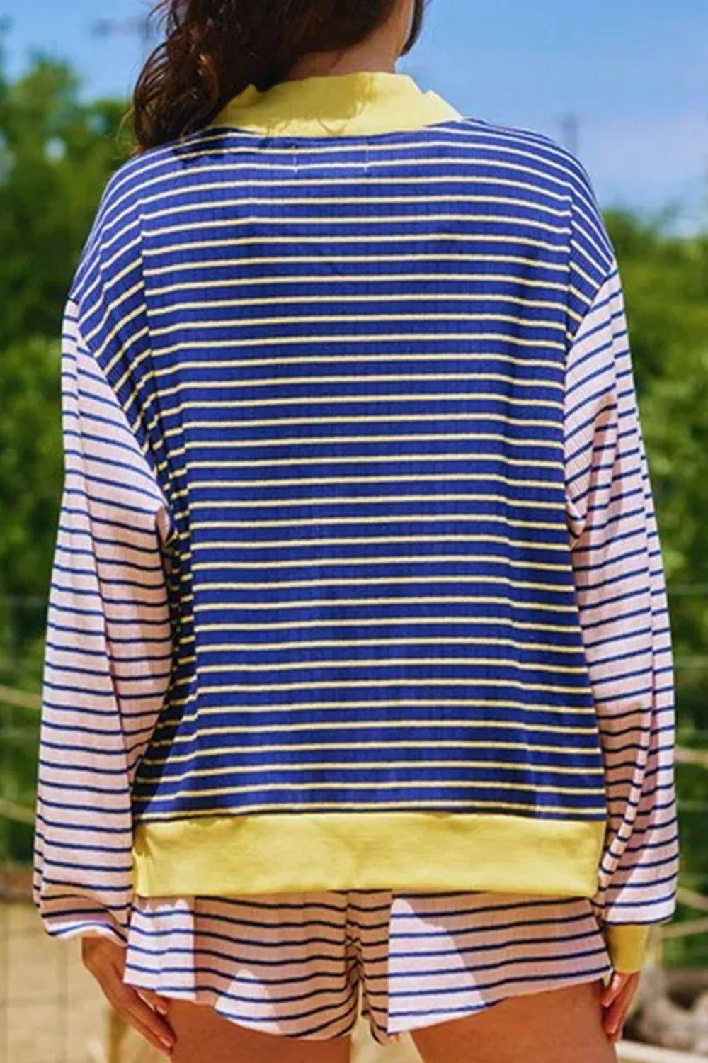 Stripe Color Block Long Sleeve Pullover Ribbed Knit Casual Shorts Set Secondary image