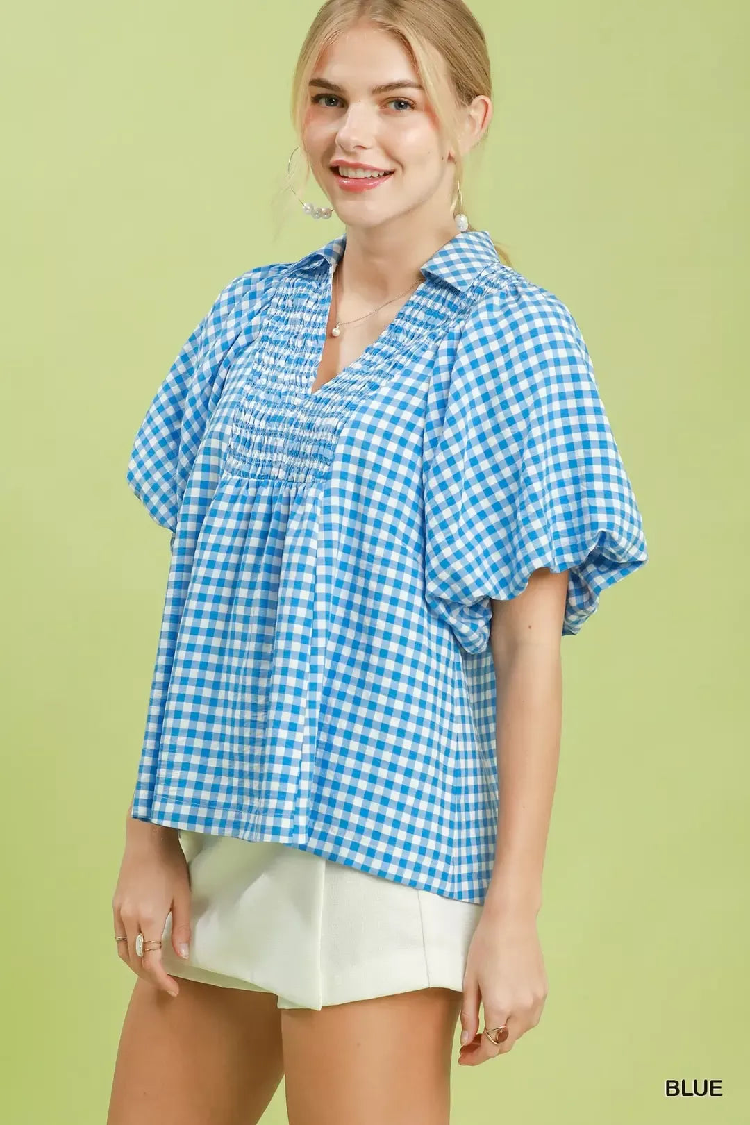 Umgee Smocked Yoke Puff Sleeve Gingham Blouse Secondary image