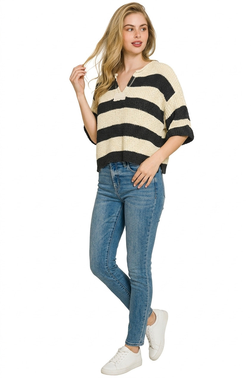 Zenana Split Neck Stripe Sweater Secondary image