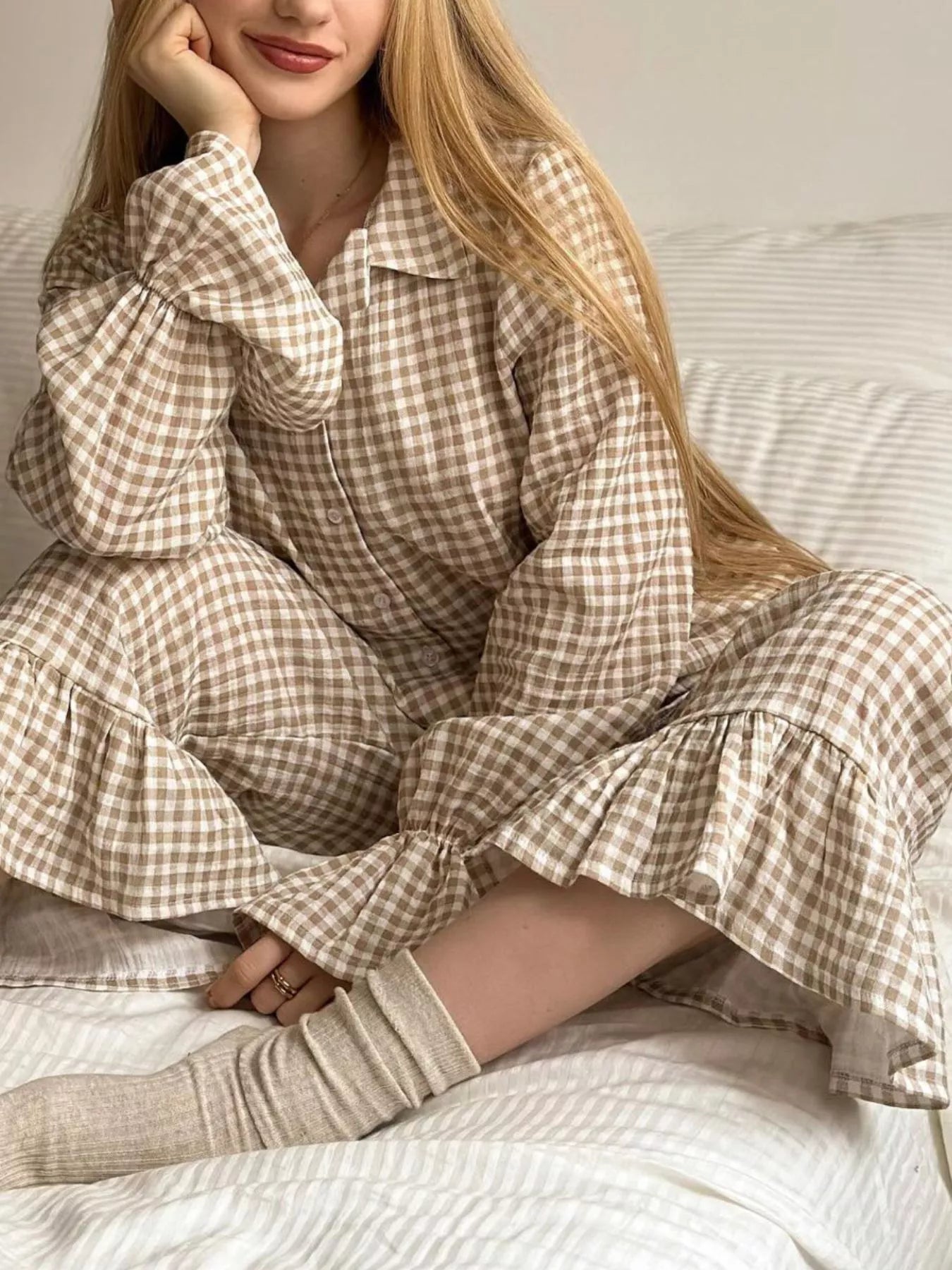 Gingham Ruffle-Trim Top and Pants Lounge Set Secondary image