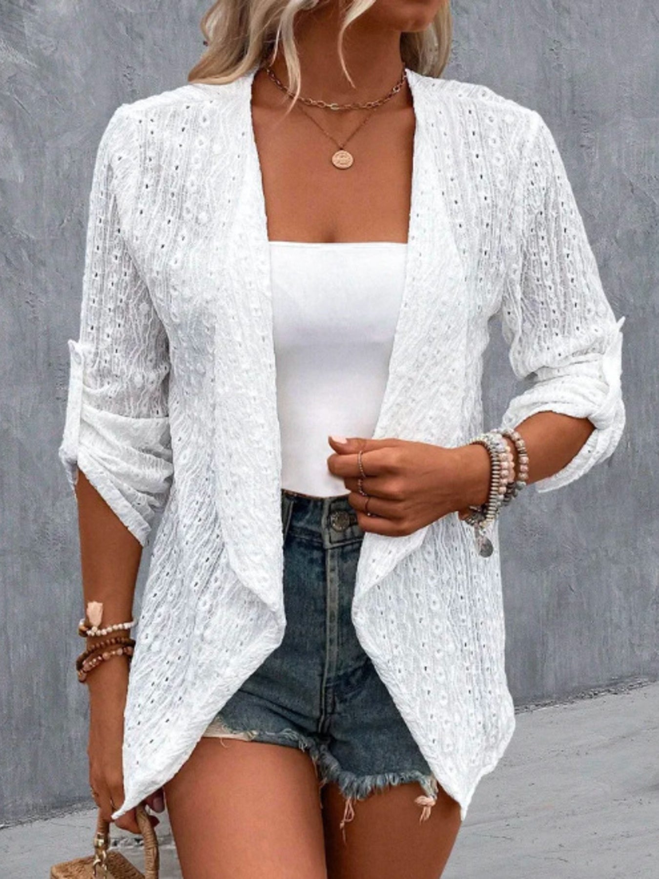 Eyelet Embroidered Open Front Cardigan Secondary image