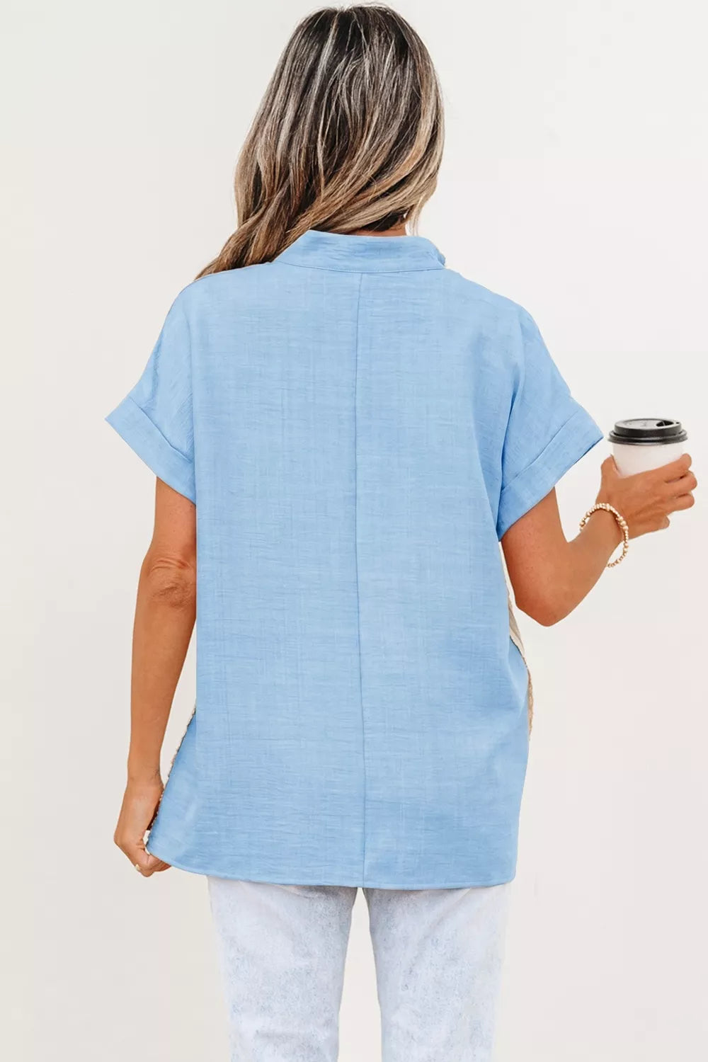 Crochet Lace Accent Pullover Rolled Short Sleeve Blouse Secondary image