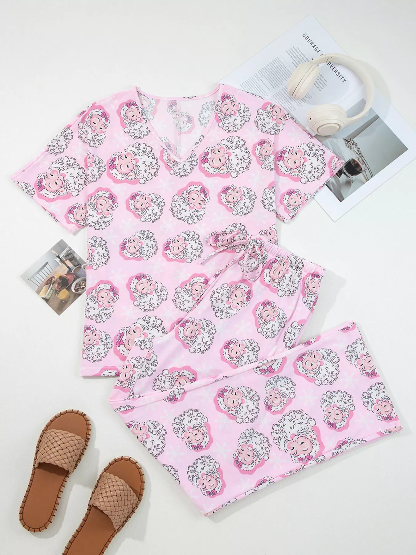 Santa Claus Print V Neck Tee Drawstring Pants 2pcs Lounge Set Secondary image