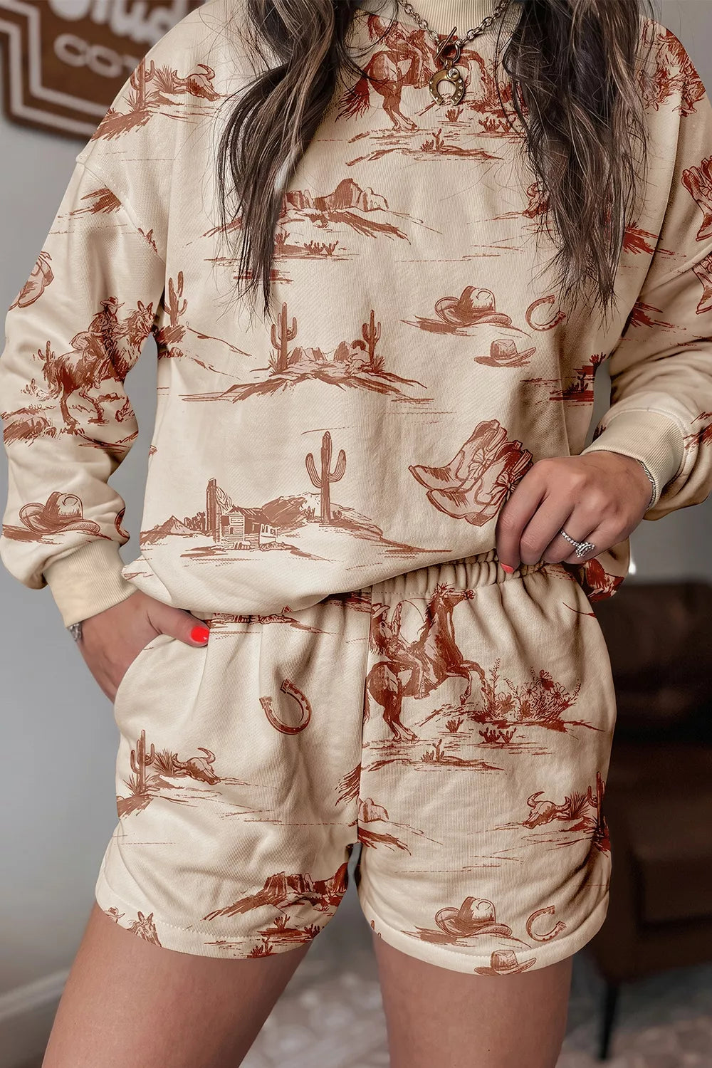 Cowboy Print Long Sleeve Sweatshirt and Shorts Set Secondary image