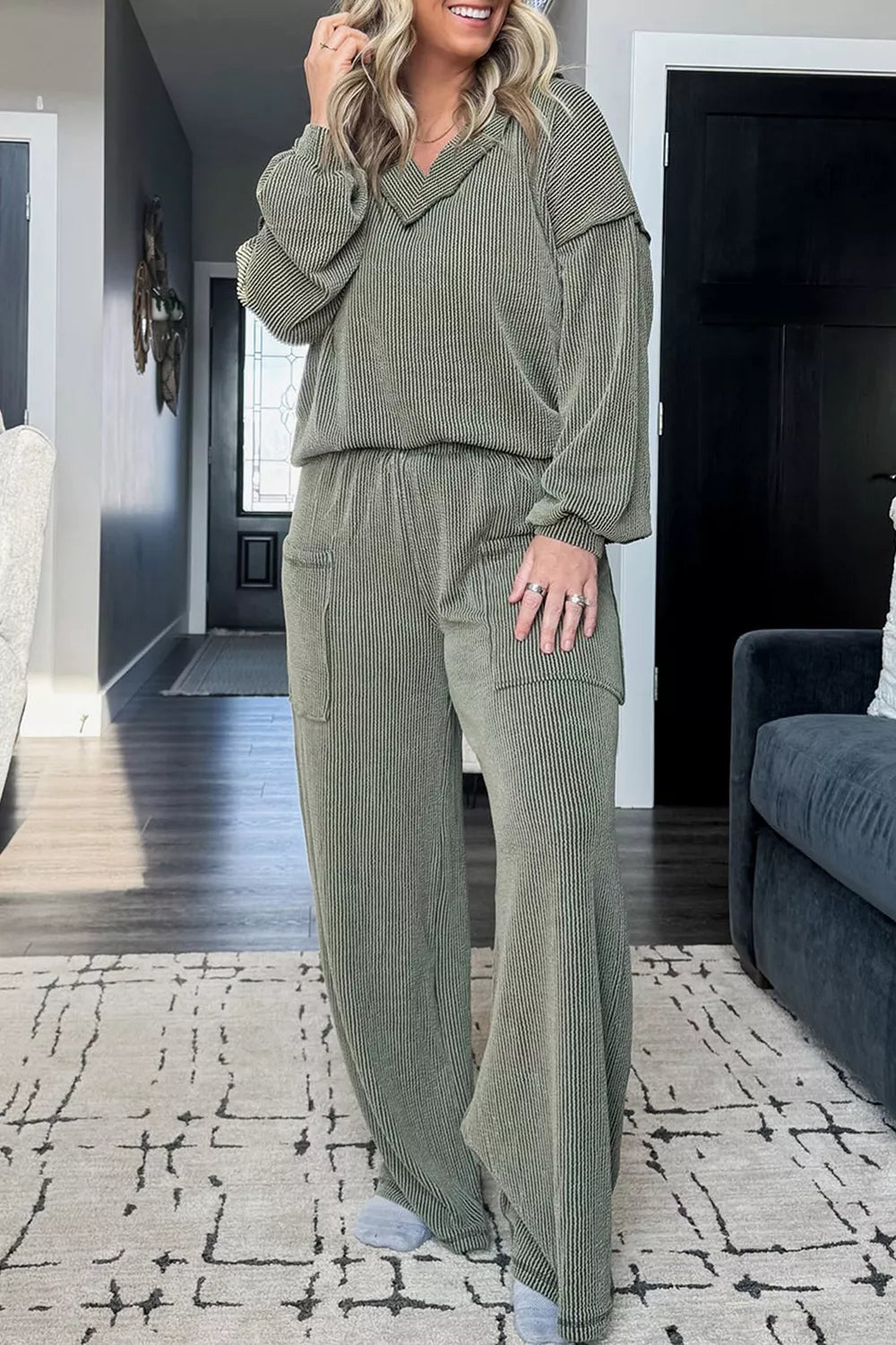 Plus Size Twisted Ribbed Exposed Seam Detail V Neck Top and Pants Set Secondary image