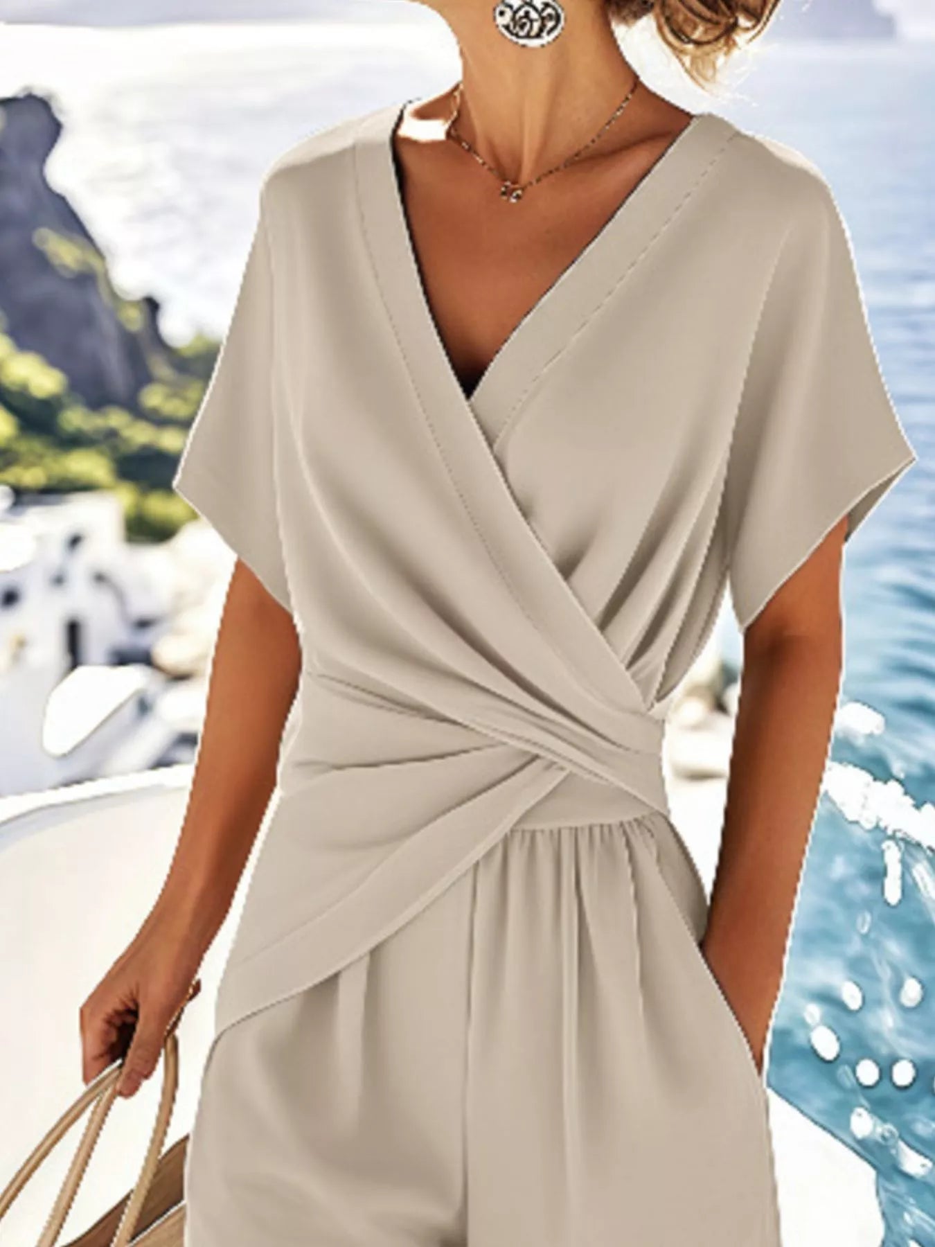 Full Size Surplice Short Sleeve Top and Pants Set Plus Size Secondary image