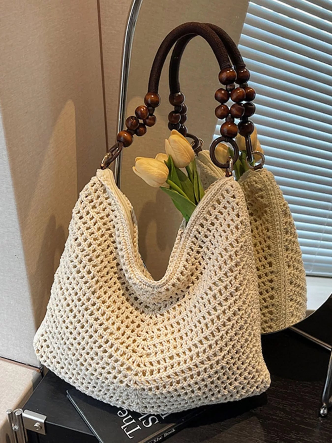 Knitted Shoulder Bag with Wooden Bead Handle Secondary image
