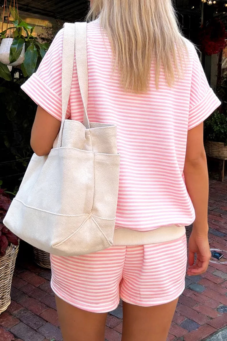 Full Size Striped Round Neck Tee and Shorts Set Plus Size Secondary image