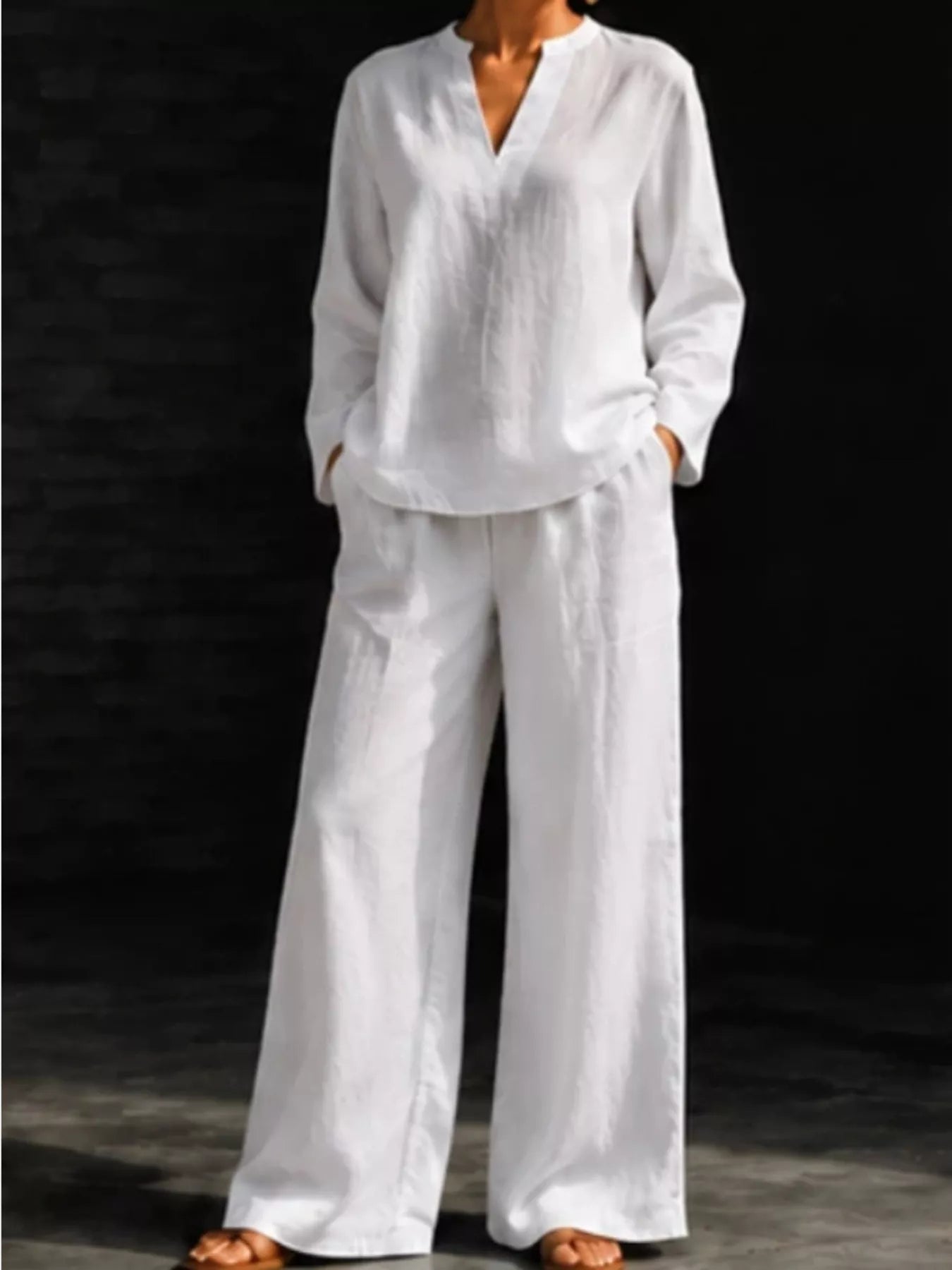 Notched Long Sleeve Top and Pants Set Secondary image