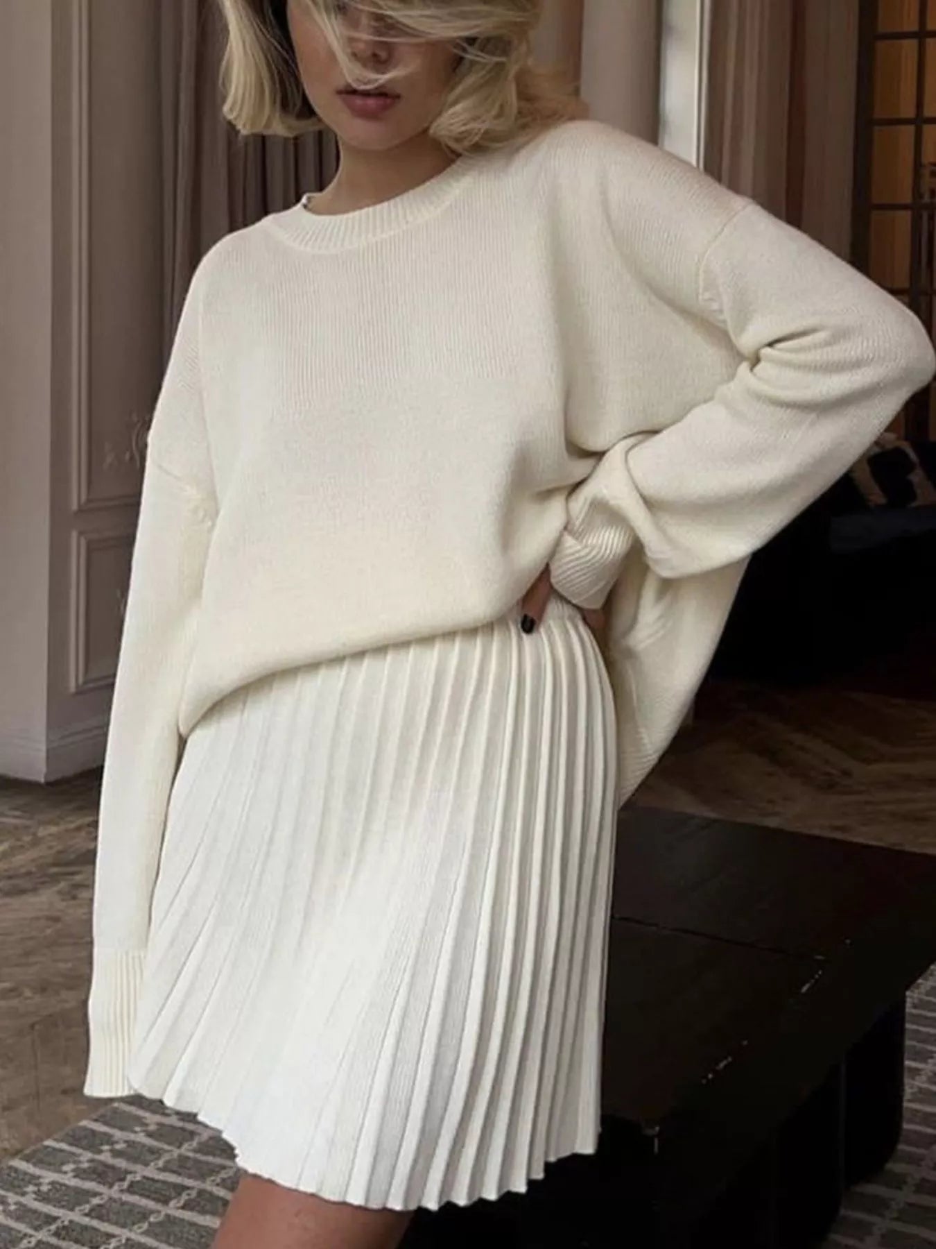 Round Neck Top and Pleated Skirt Sweater Set Secondary image