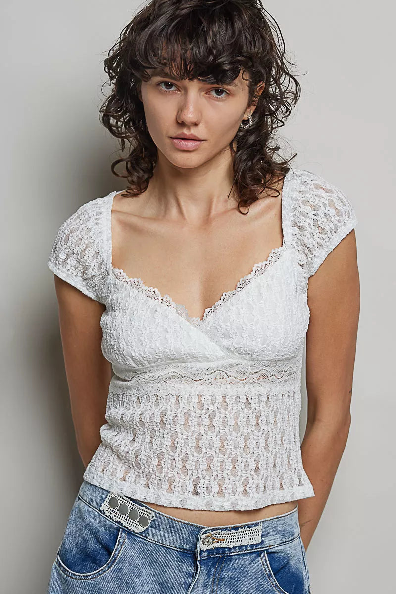 POL Sweetheart Neck Lace Short Sleeve Top Secondary image