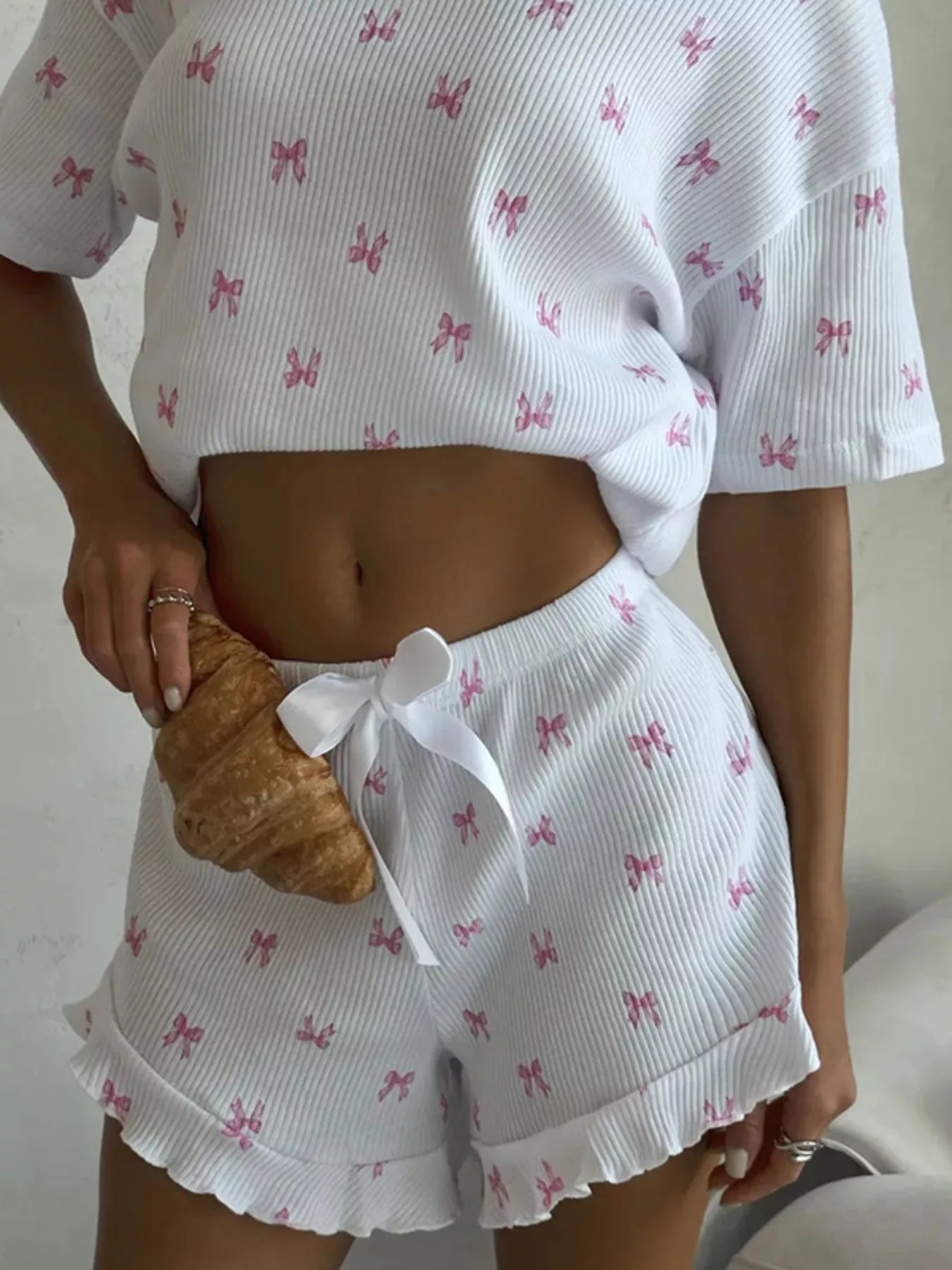 Ribbed Knit Bow Print Top and Shorts Lounge Set Secondary image