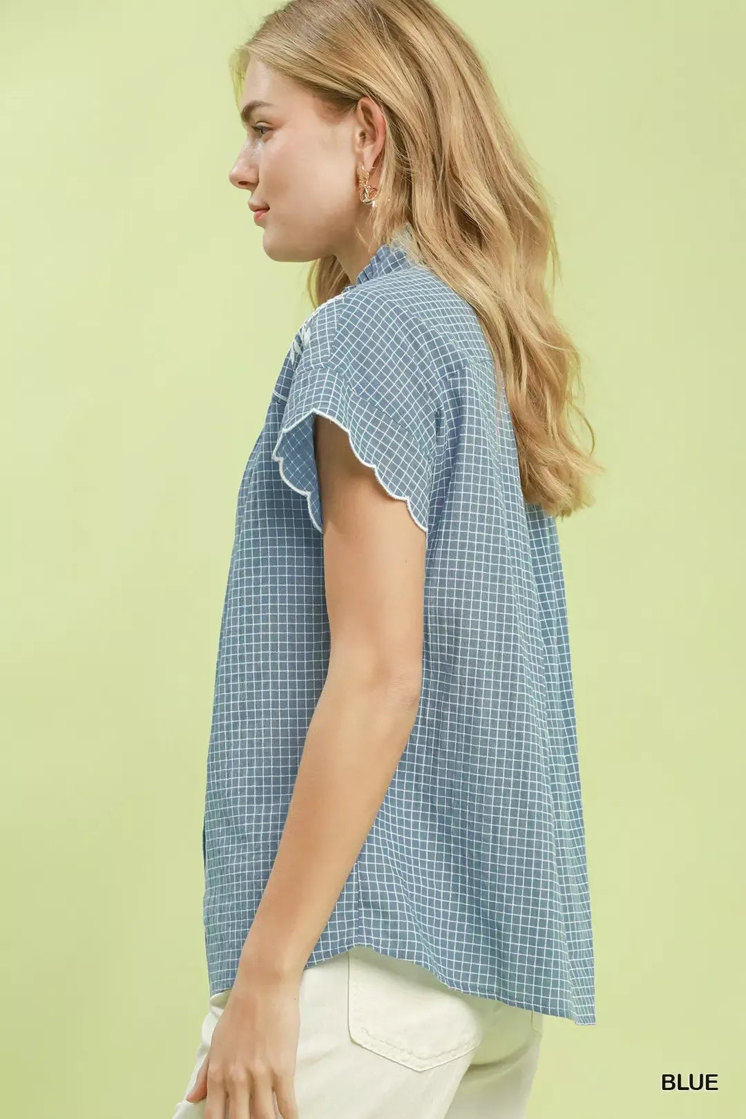 Umgee Embroidered Print Scallop Sleeve Button Front Blouse Secondary image