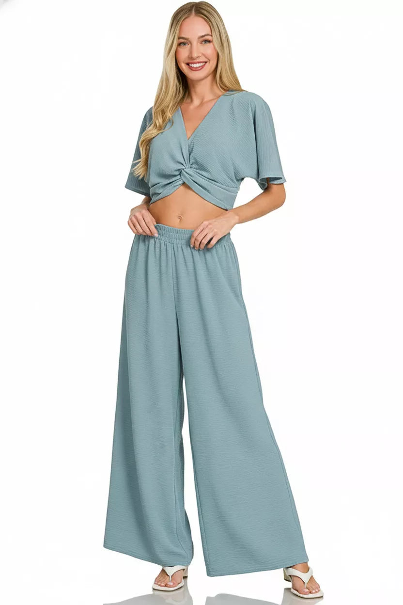 Zenana Woven Airflow Twisted Top & Wide Leg Pants Set Secondary image