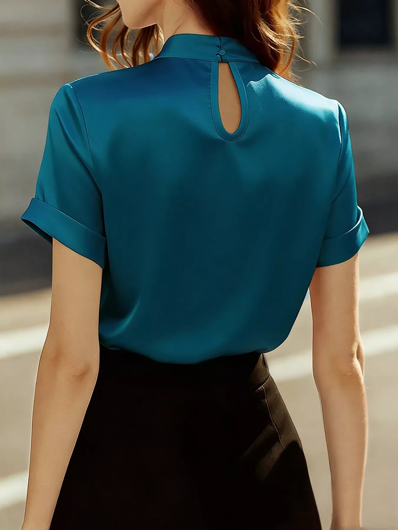Satin Keyhole Short Sleeve Blouse Secondary image