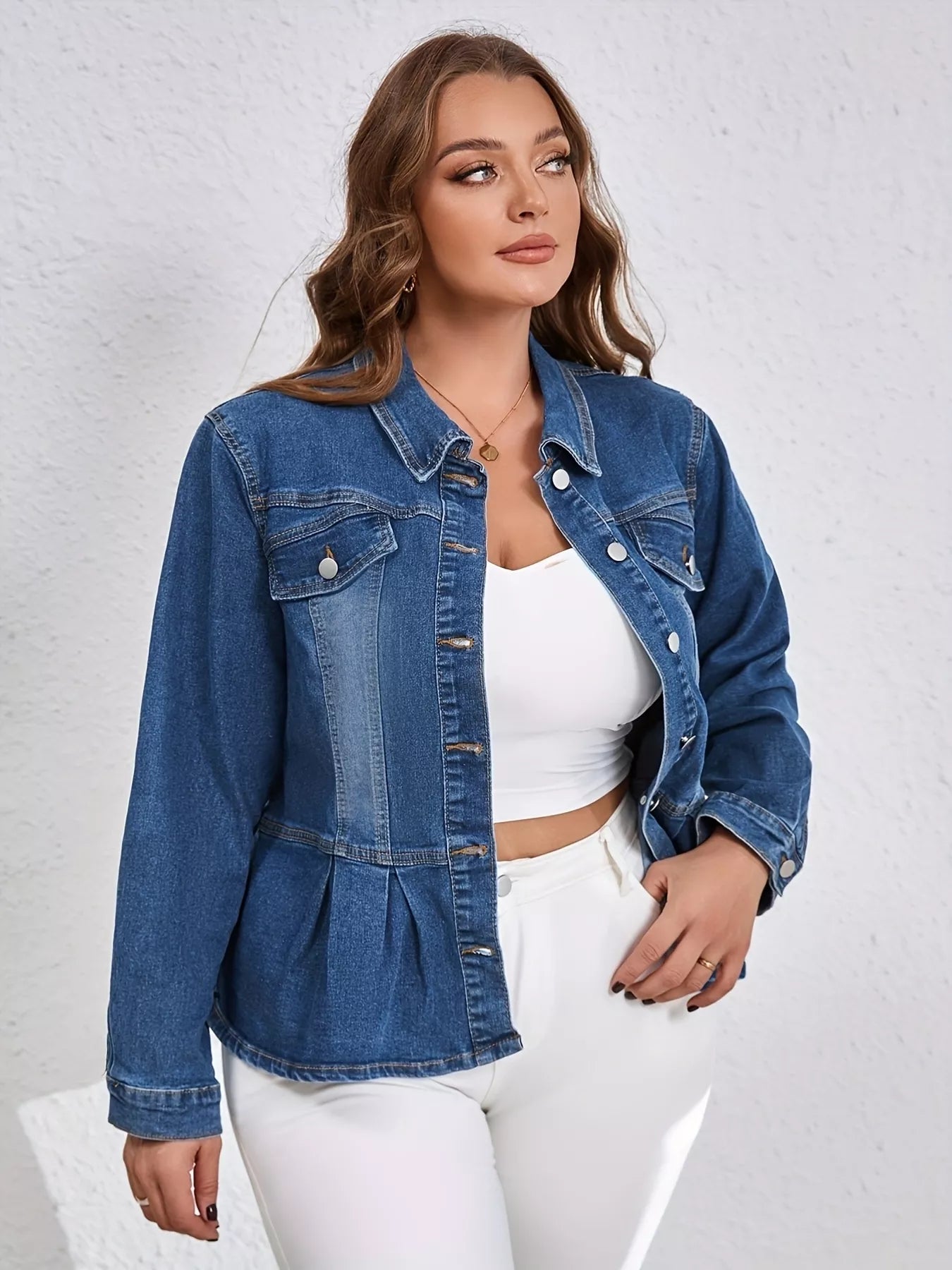Plus Size Button-Up Peplum Denim Jacket Secondary image