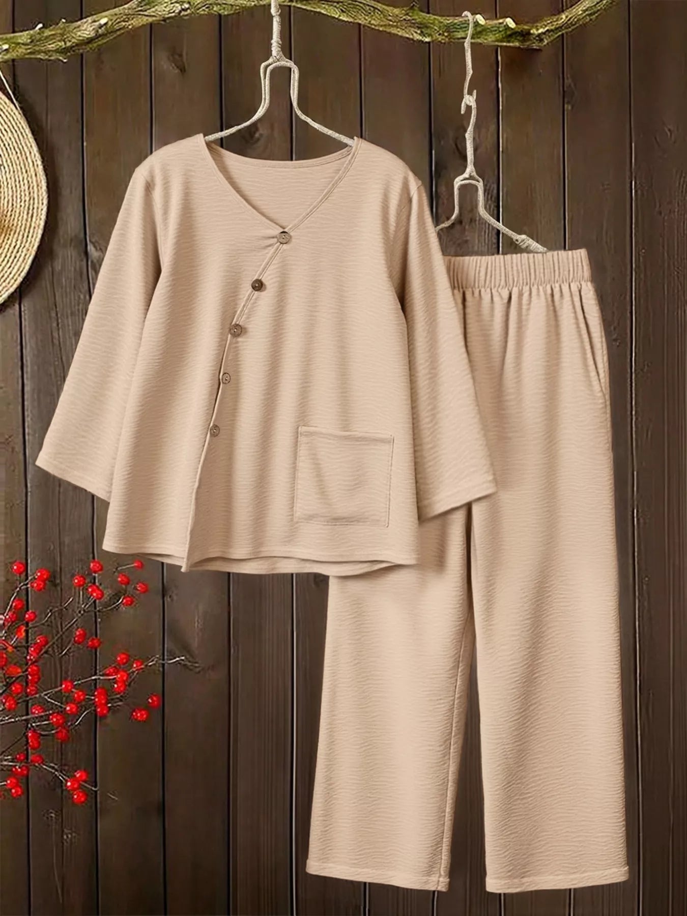 Plus Size V-Neck Long Sleeve Top and Pants Set Secondary image