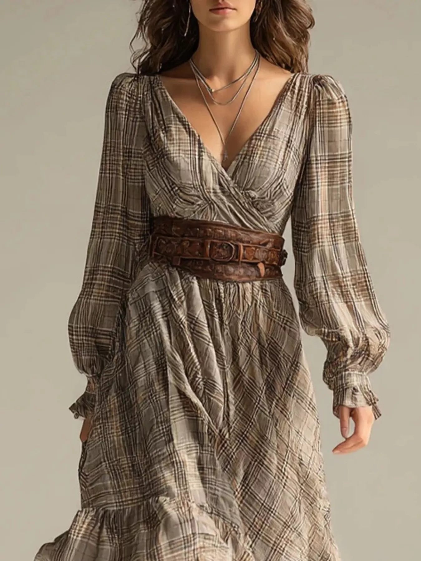 Plaid High-Low Long Sleeve Dress Secondary image