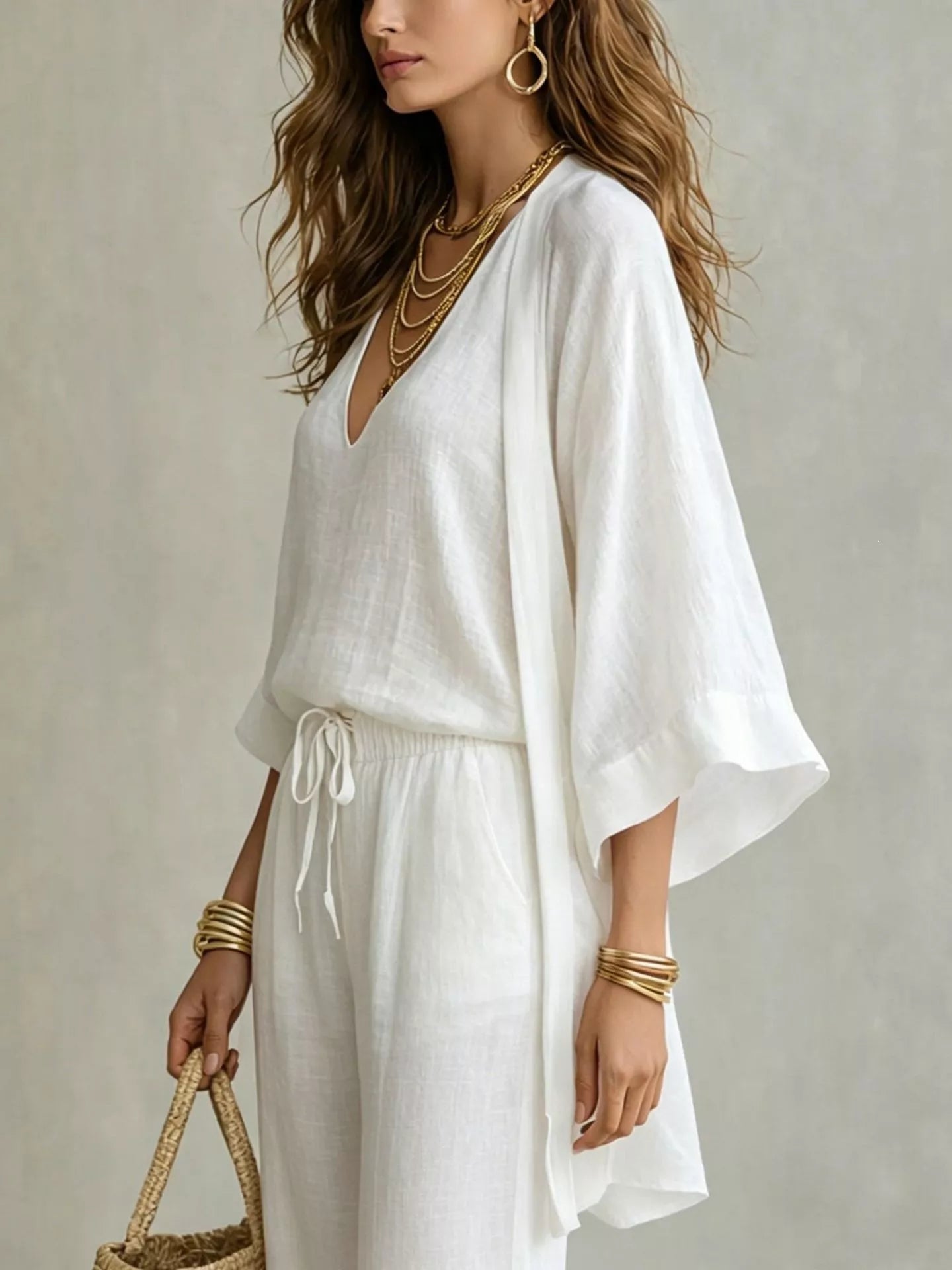 V-Neck Top & Cardigan & Pants Three-Piece Set Secondary image