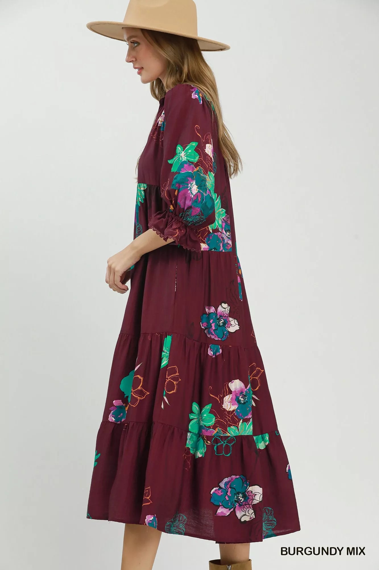 Umgee Floral Print Tiered Midi Dress with Puff Sleeves Secondary image