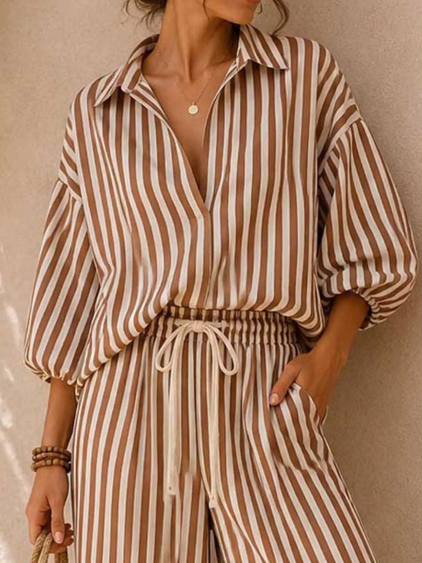 Full Size Striped Puff Sleeve Shirt and Wide-Leg Drawstring Pants Set Plus Size Secondary image