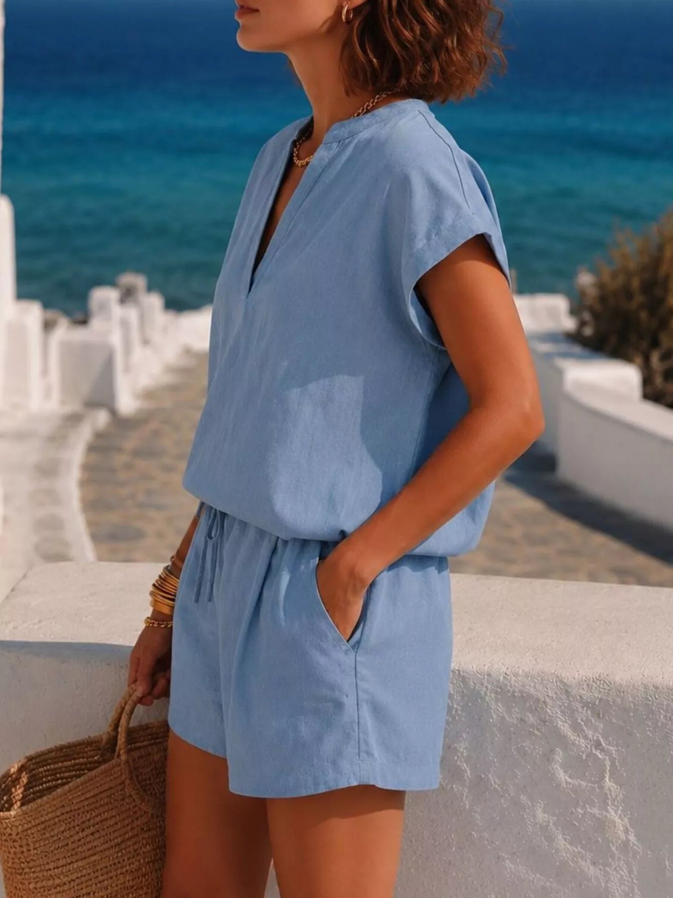 Notched Short Sleeve Top and Shorts Set Secondary image