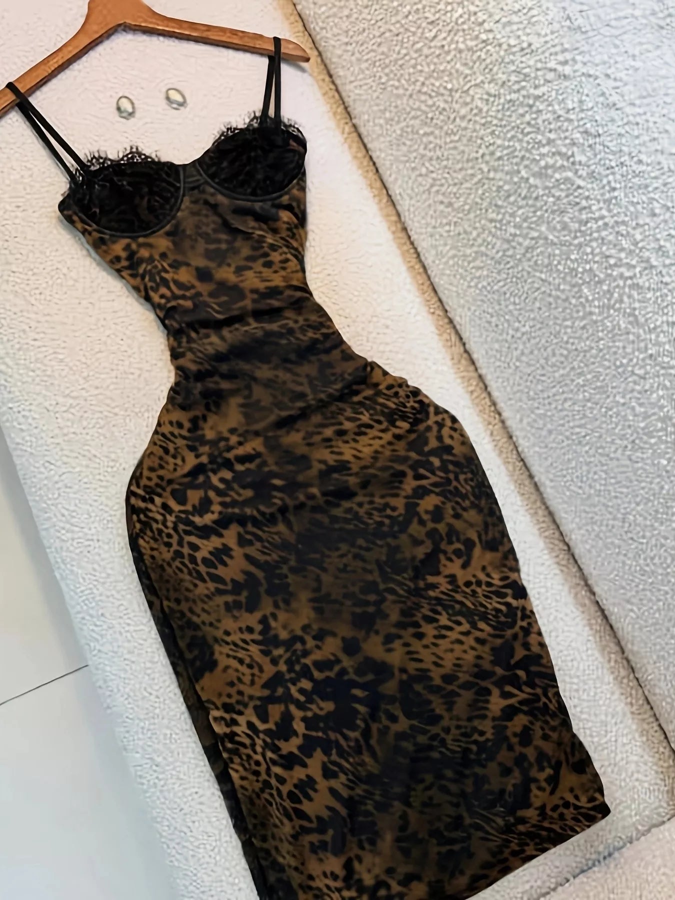 Leopard Print Lace Trim Bodycon Midi Dress Secondary image