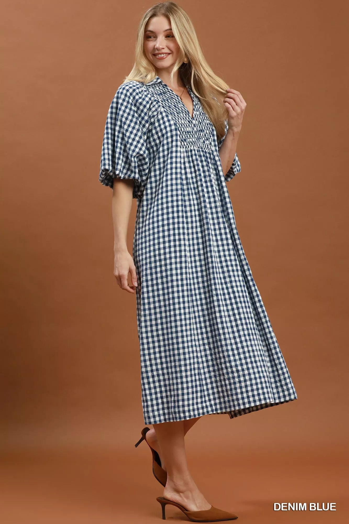 Umgee Puff Sleeve Plaid Midi Dress Secondary image