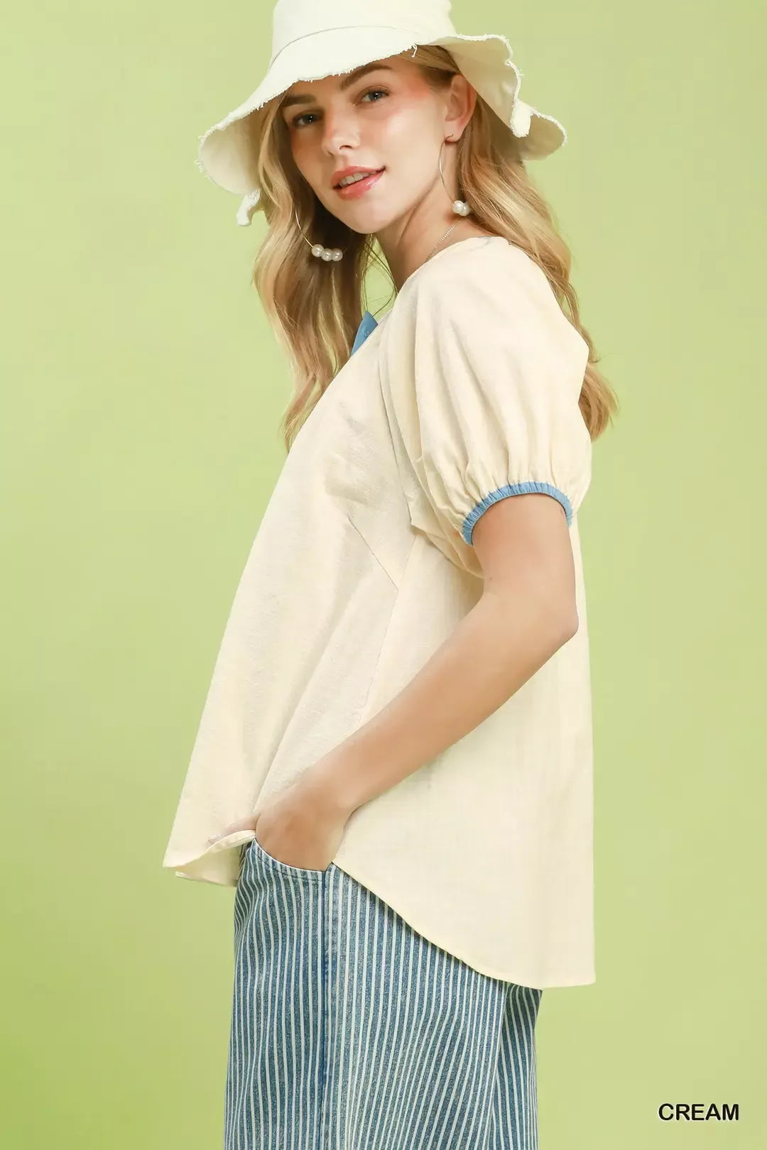 Umgee Contrast Trim Button Front Puff Sleeve Blouse Secondary image