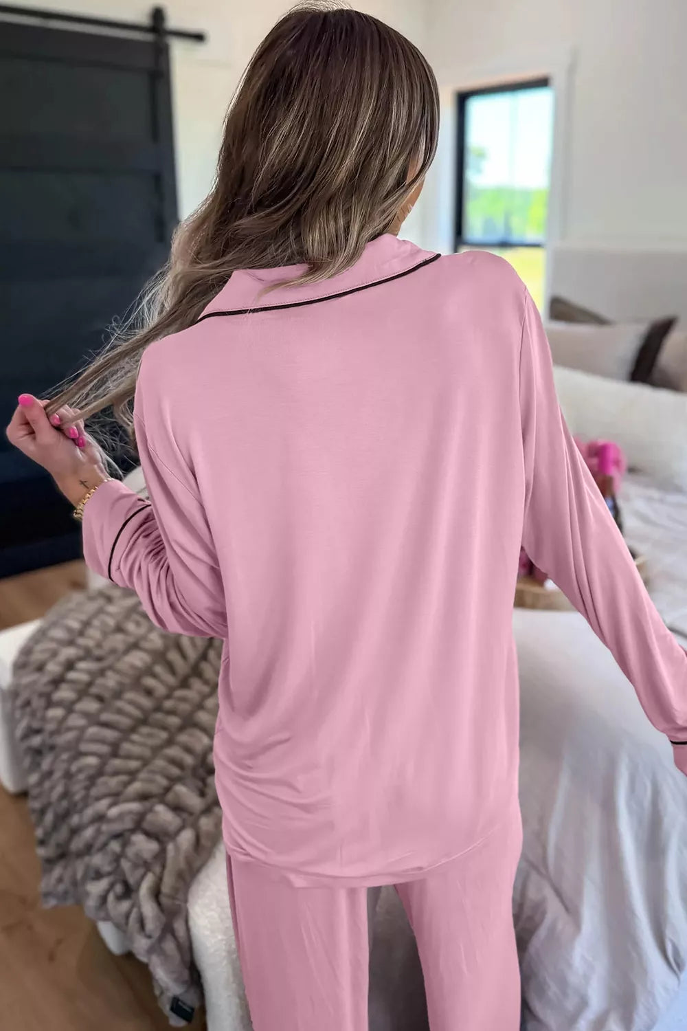 Contrast Trim Button Up Top and Pants Set Secondary image