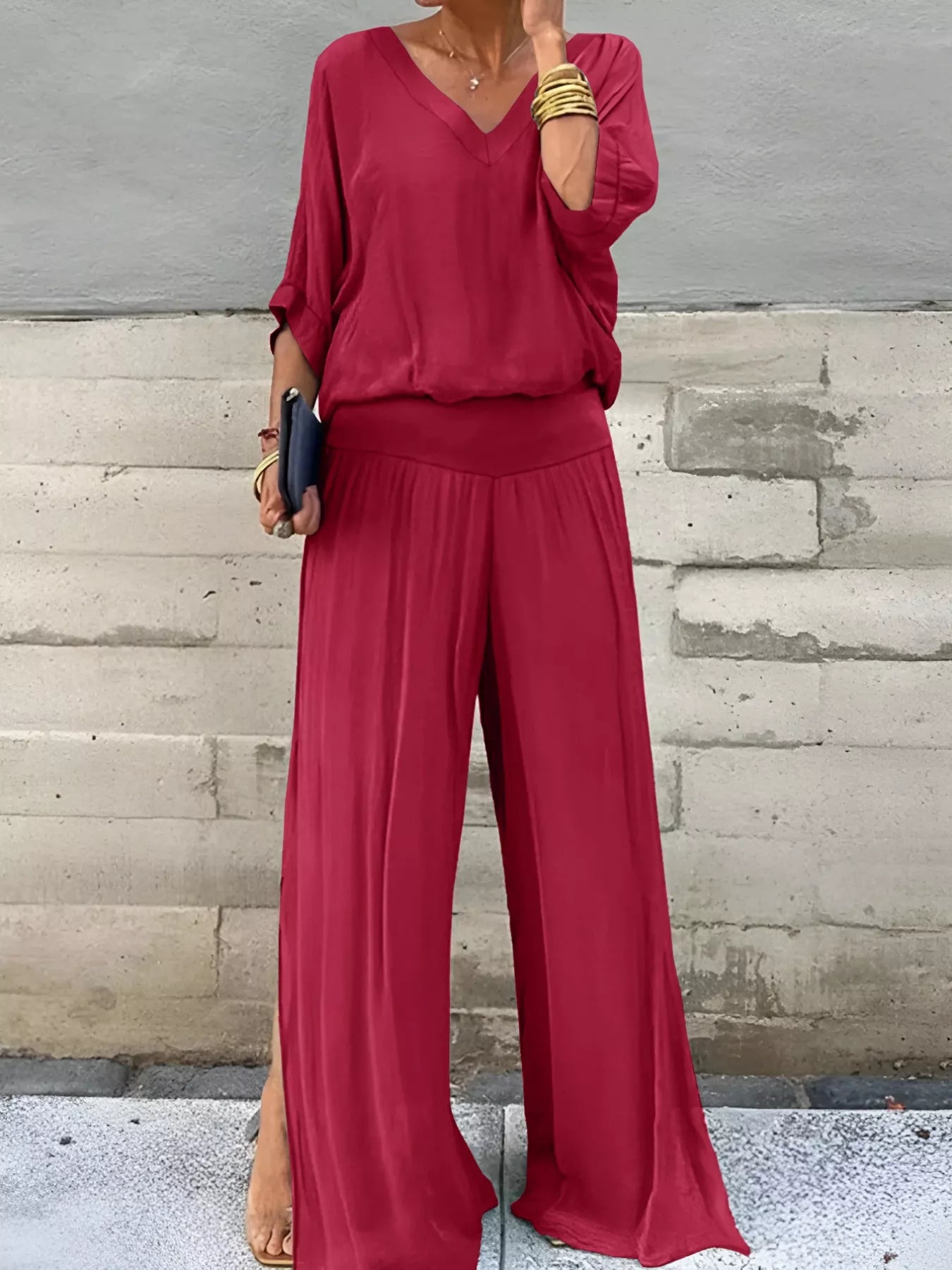 V-Neck Top and Wide Leg Pants Two-Piece Set Secondary image