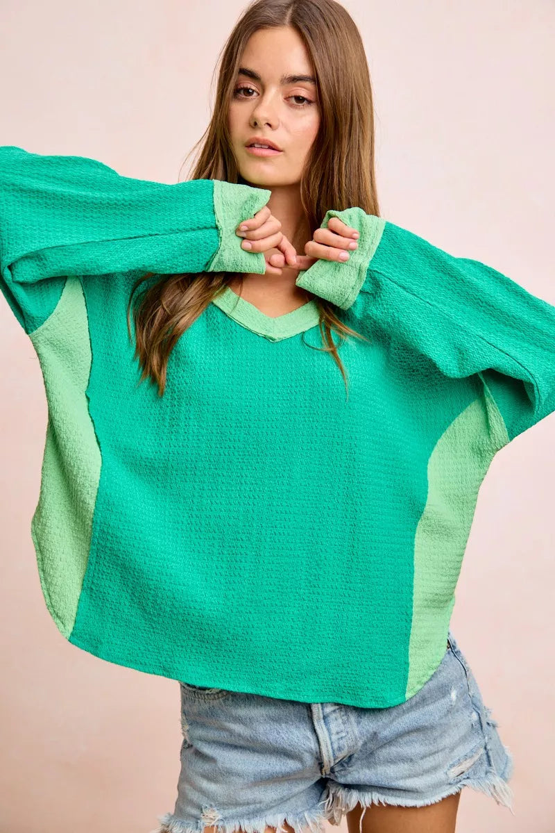BiBi Textured Jersey Color Block Top With Cut Edge Secondary image