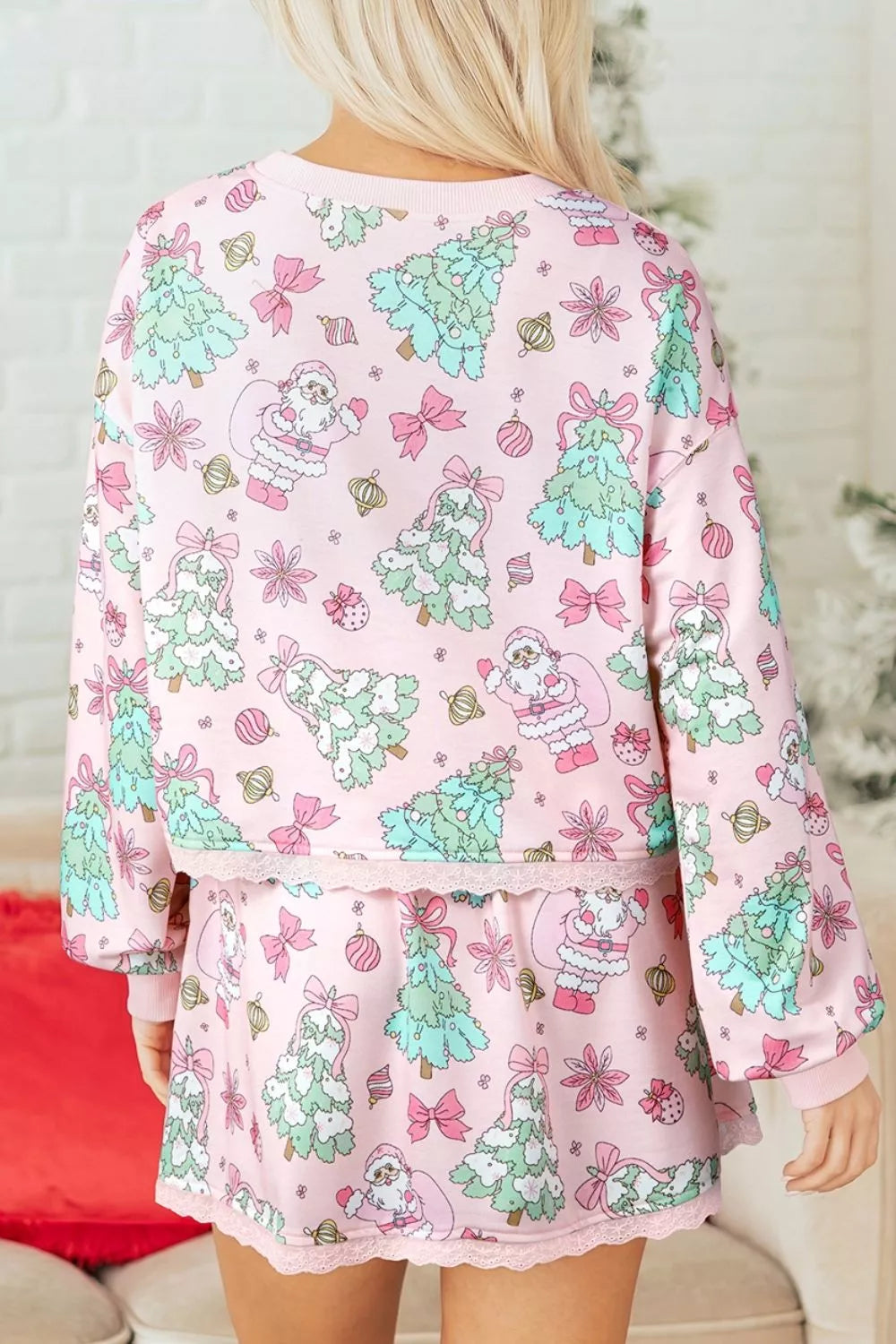 Floral Print Lace Trim Long Sleeve Top and Skirt Set Secondary image