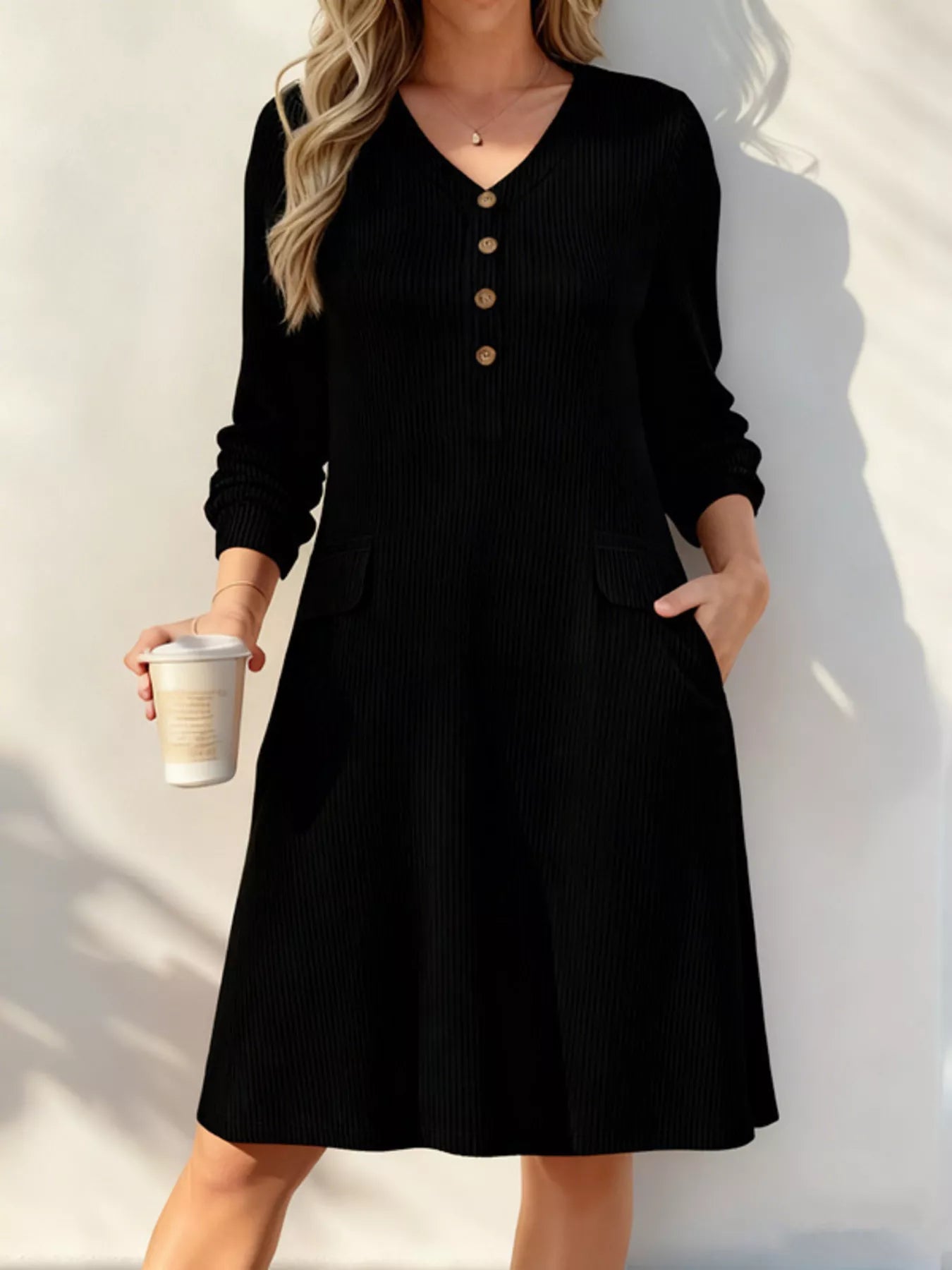 Full Size Ribbed Knit V-Neck Dress Plus Size Secondary image
