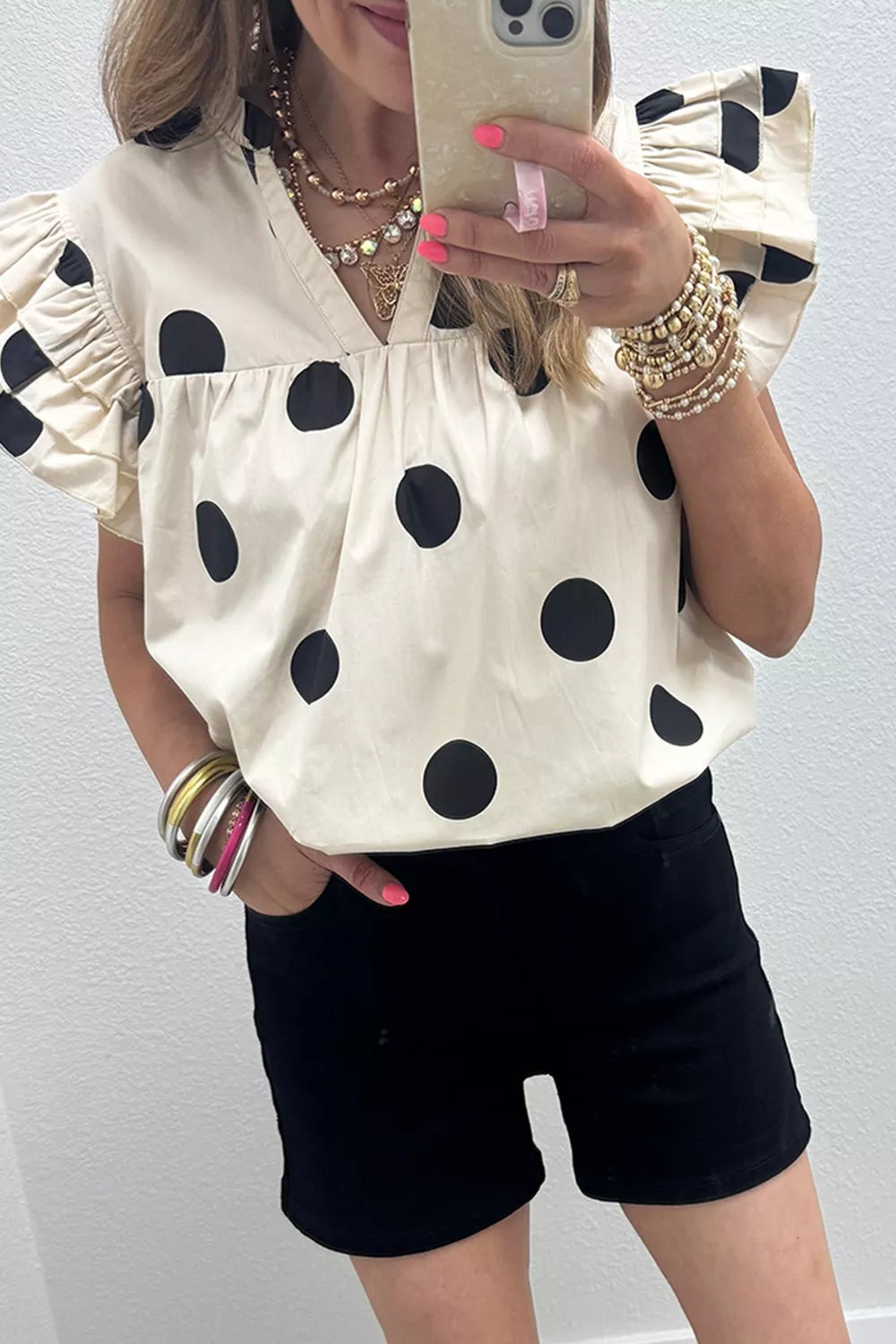 Casual Polka Dot V-Neck Ruffle Short Sleeve Blouse Secondary image