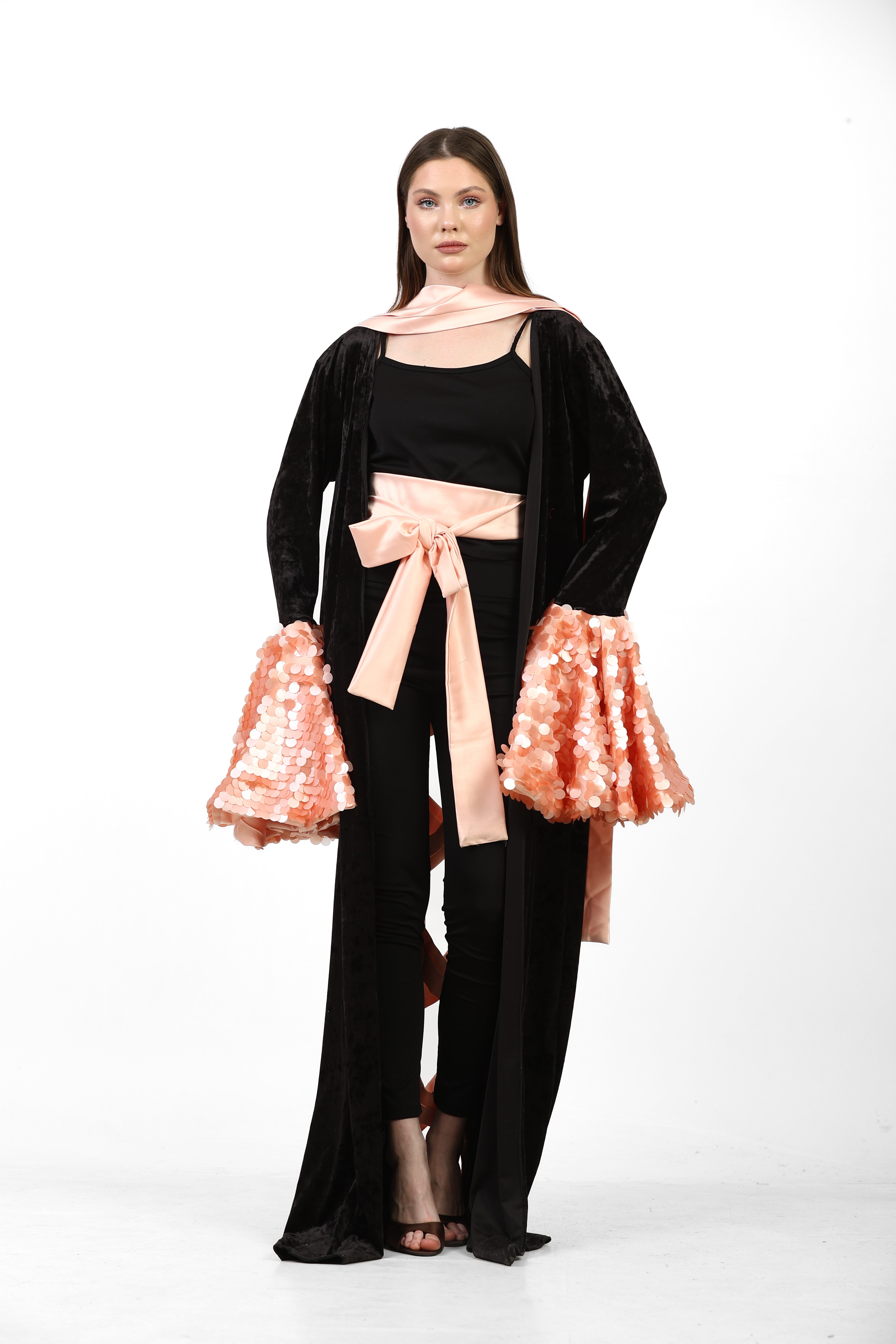 Midnight Velvet Maxi Kaftan with Blush Satin Criss-Cross Back & Sequin Flare Sleeves Main image