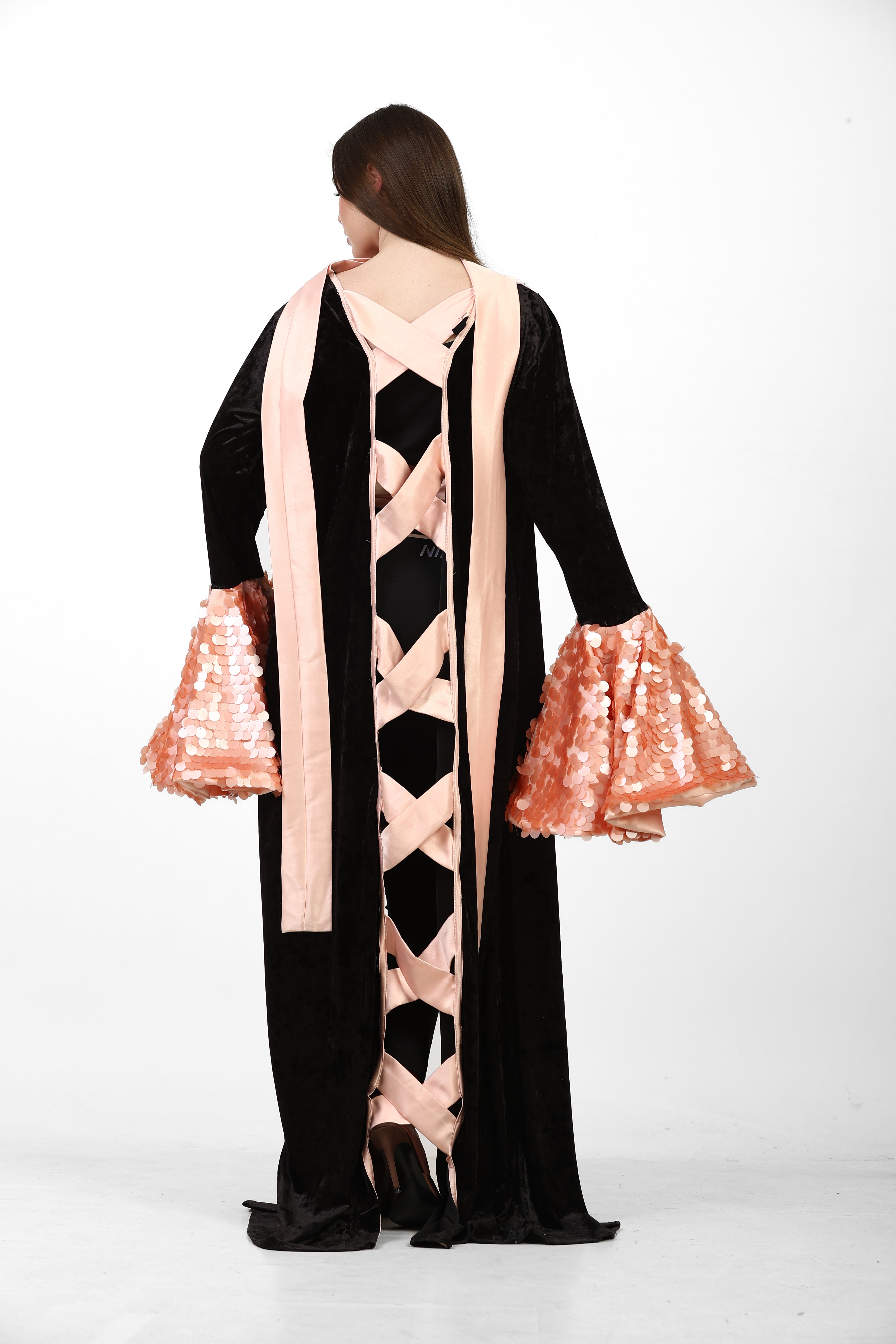 Midnight Velvet Maxi Kaftan with Blush Satin Criss-Cross Back & Sequin Flare Sleeves