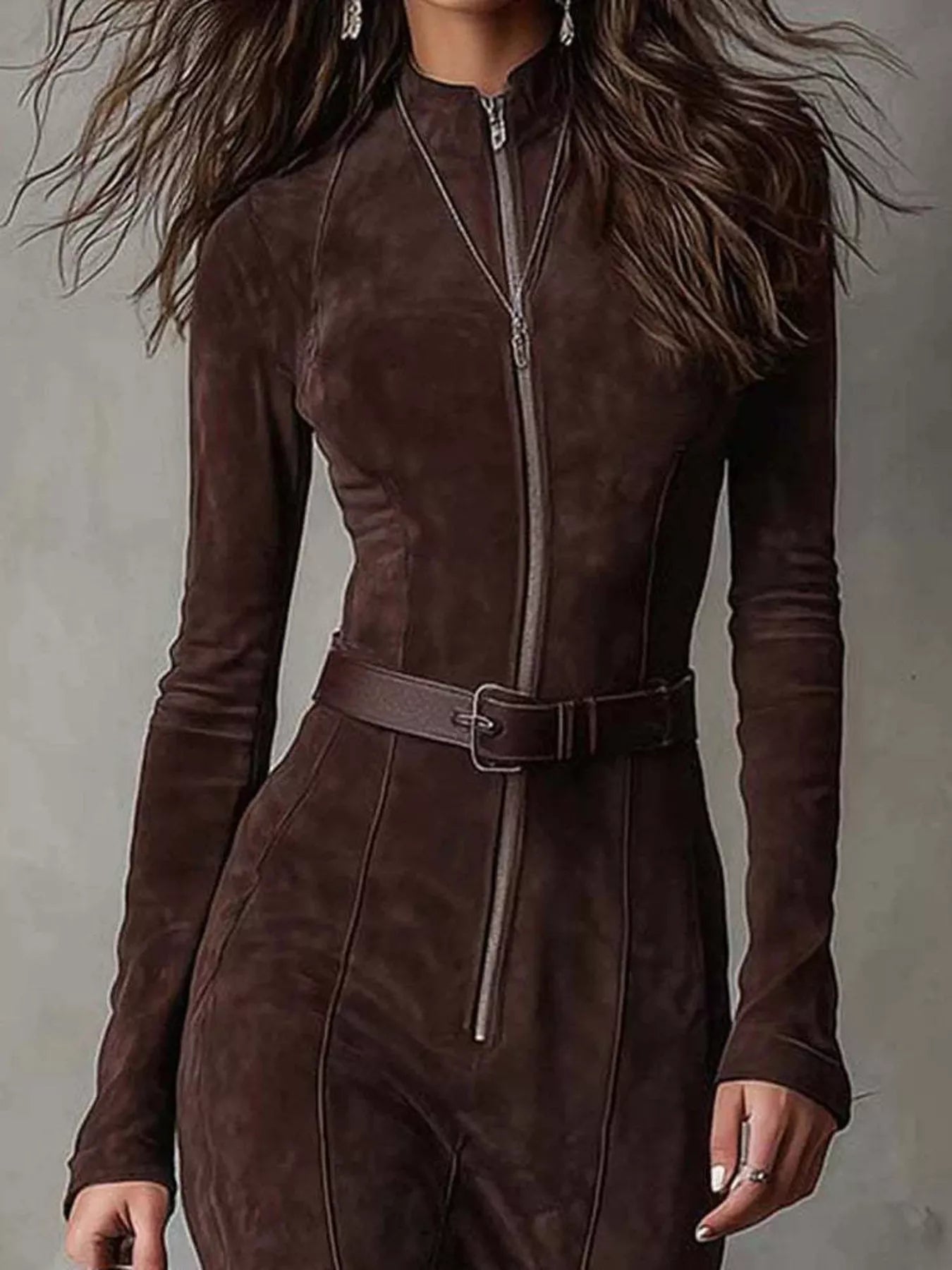 Full Size Slit Zip-Front Long Sleeve Maxi Dress with Belt Plus Size Secondary image