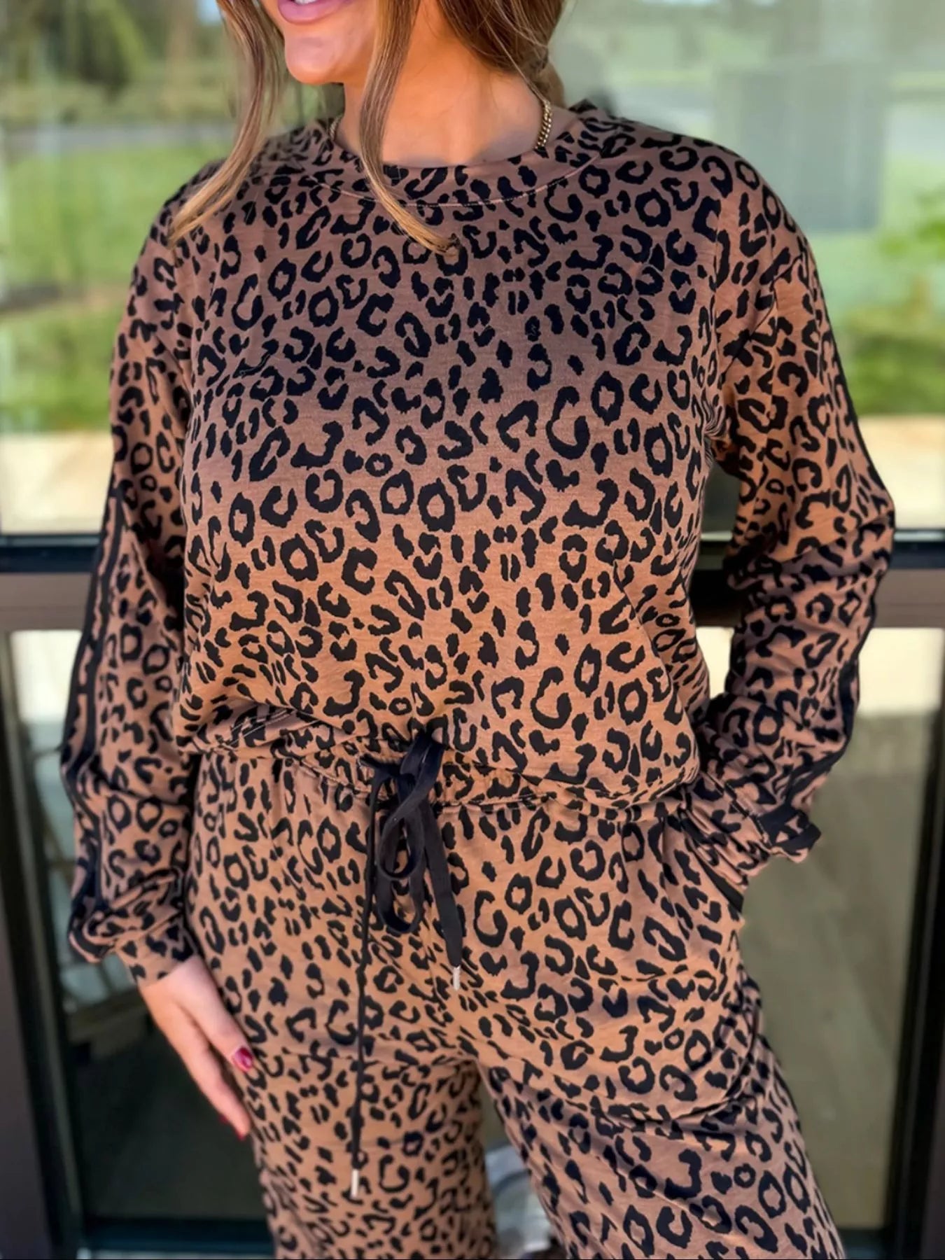 Striped Trim Leopard Long Sleeve Top Drawstring Pant Set Secondary image