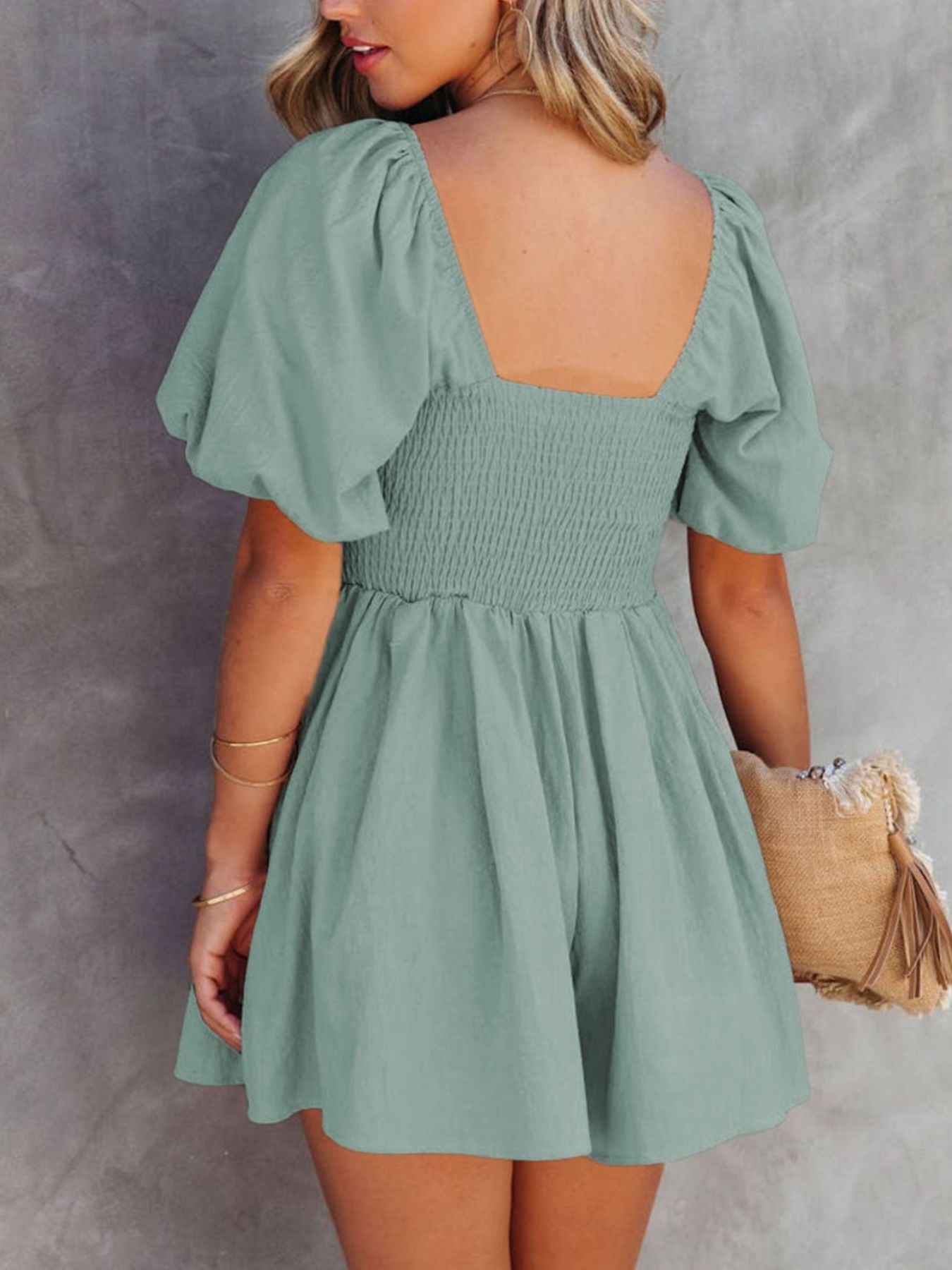 Square Neck Ruched Puff Sleeve Romper Secondary image