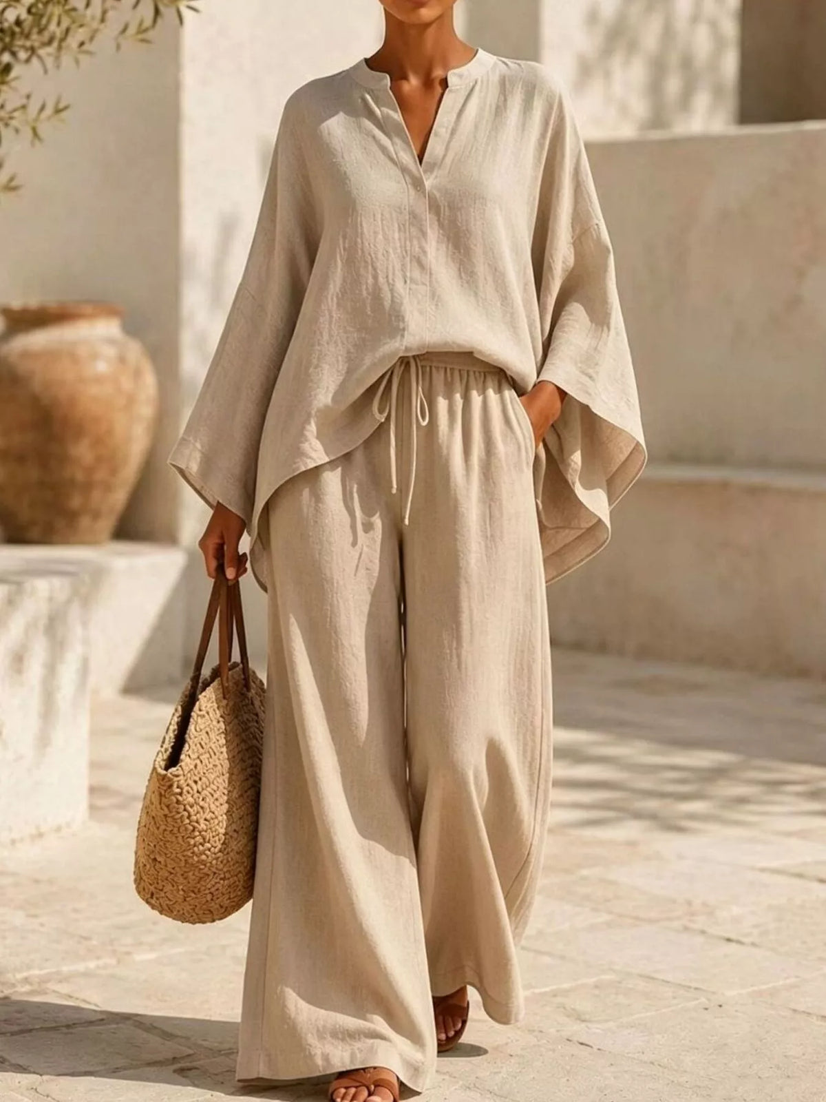 Full Size Loose Fit Top and Wide-Leg Pants Set Plus Size – White / Khaki - photo 4