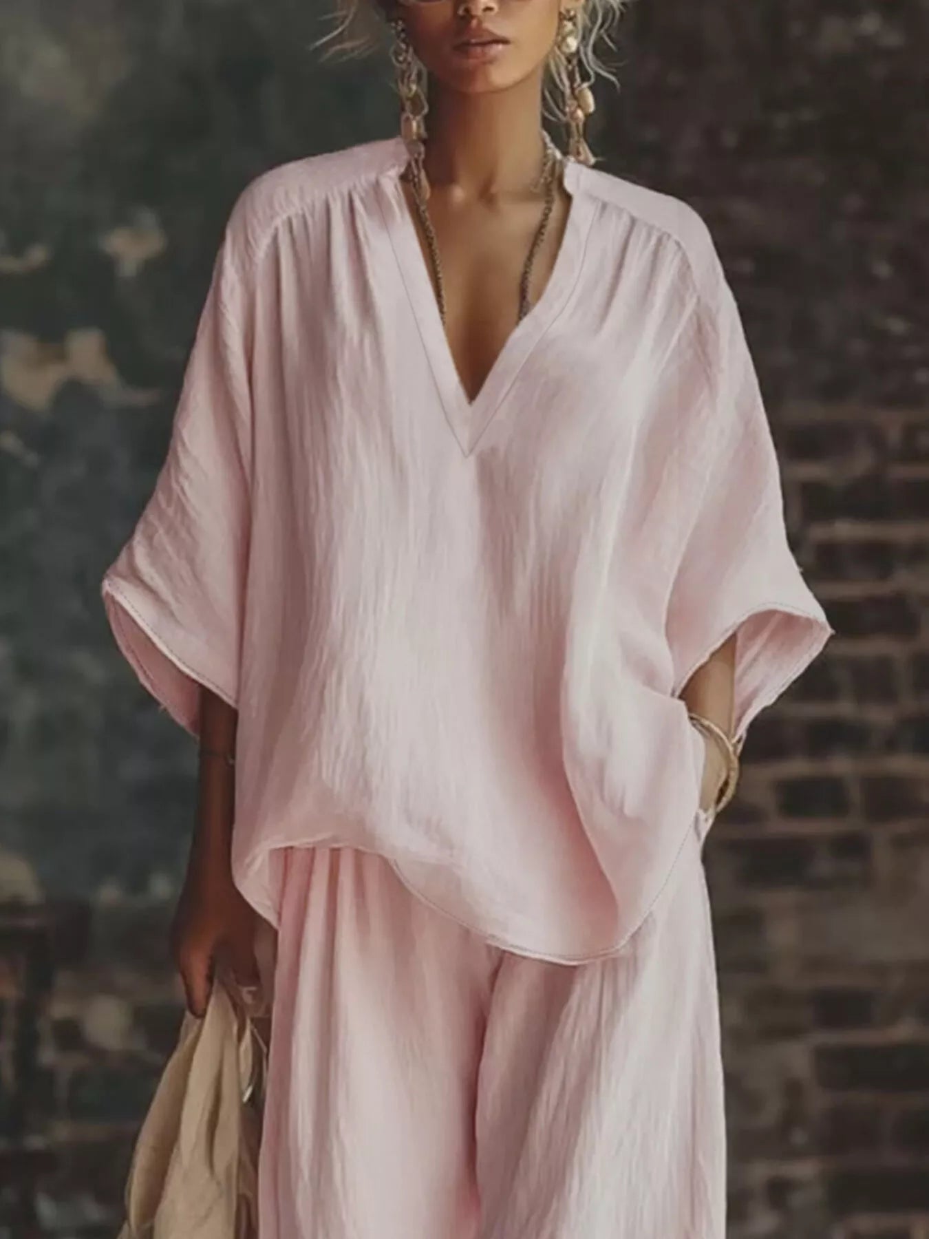 Loose Fit Notched Top and Pants Set Secondary image