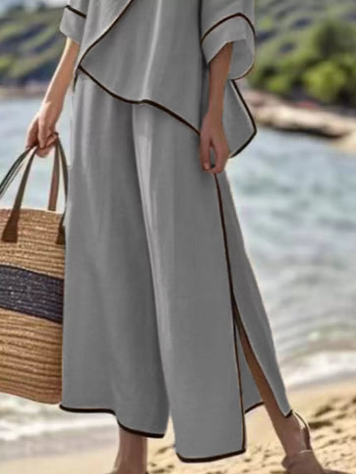 Full Size Contrast Trim Top and Wide Leg Pants Set Plus Size – Khaki / Grey - photo 6