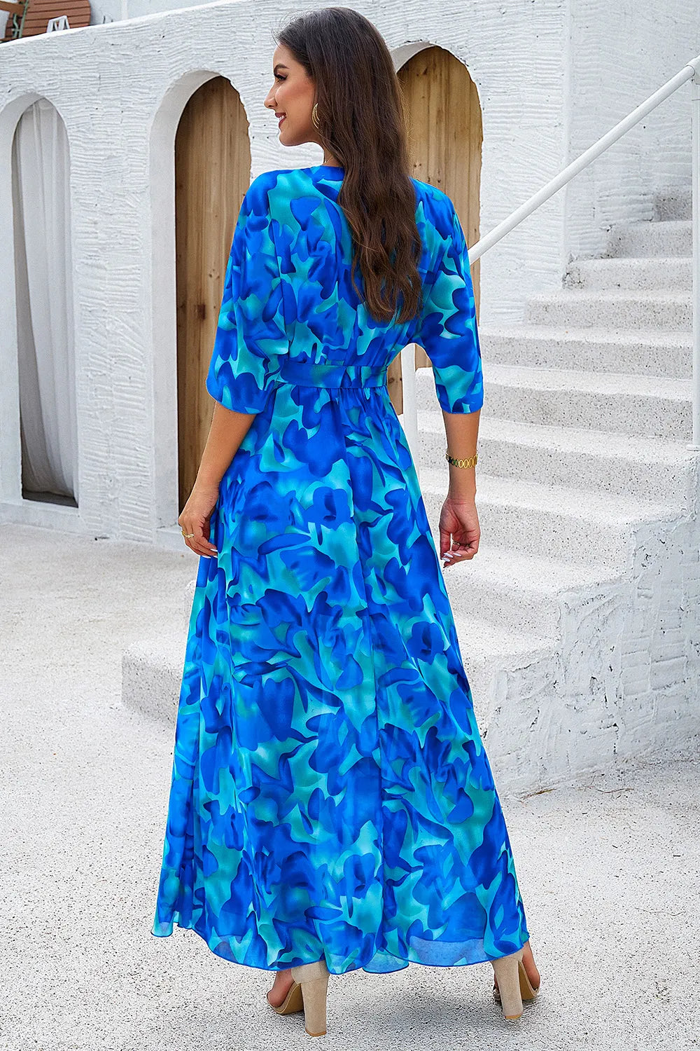 Devine Printed Tied Half Sleeve Slit Dress Secondary image