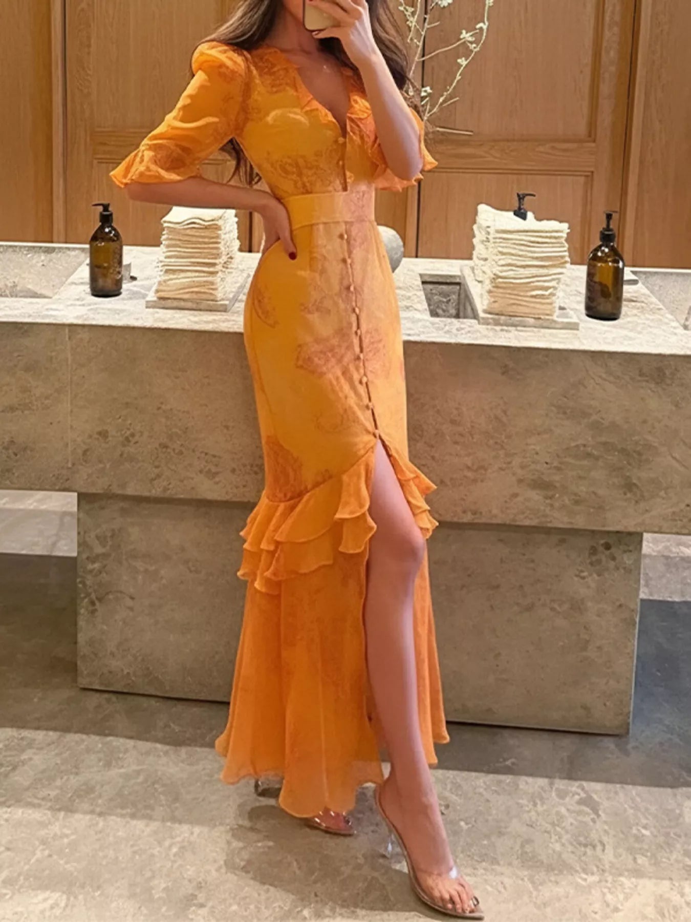 Full Size Ruffled Button Front Half Sleeve Dress Plus Size Secondary image
