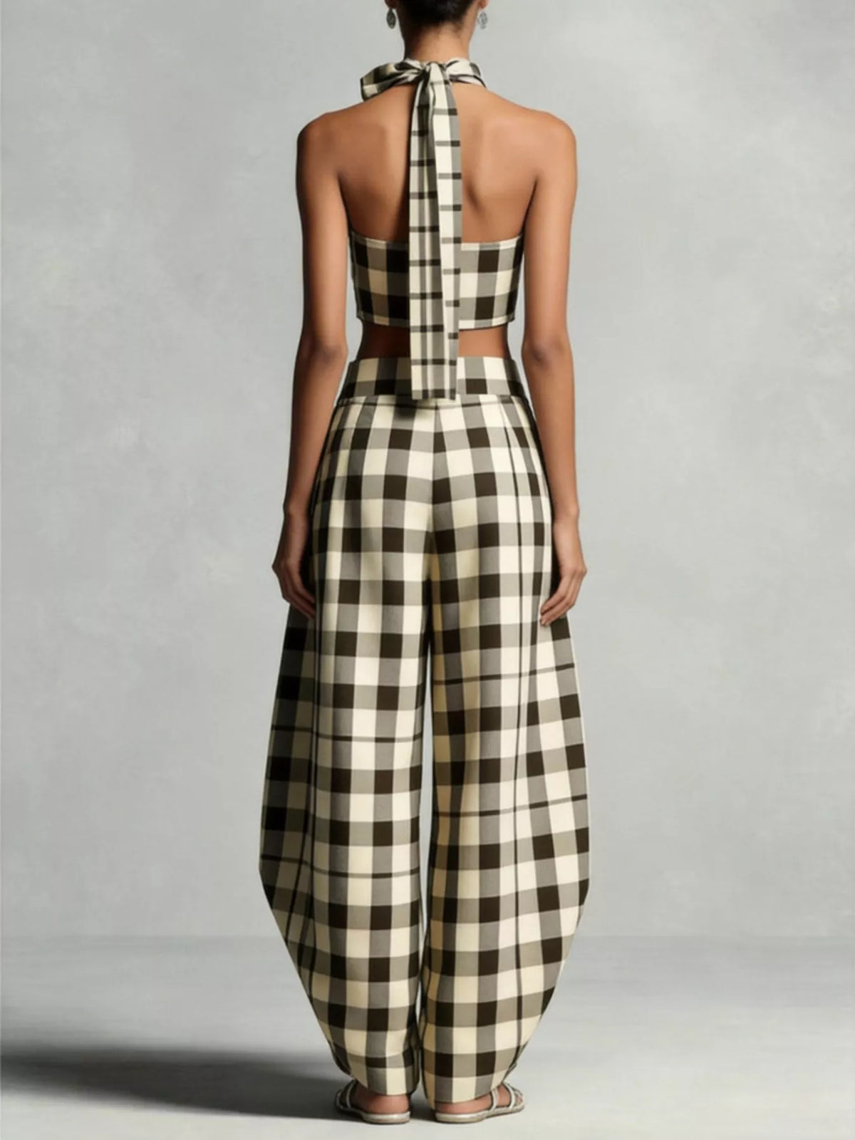 Plaid Halter Neck Crop Top and Wide-Leg Pants Two-Piece Set - photo 3
