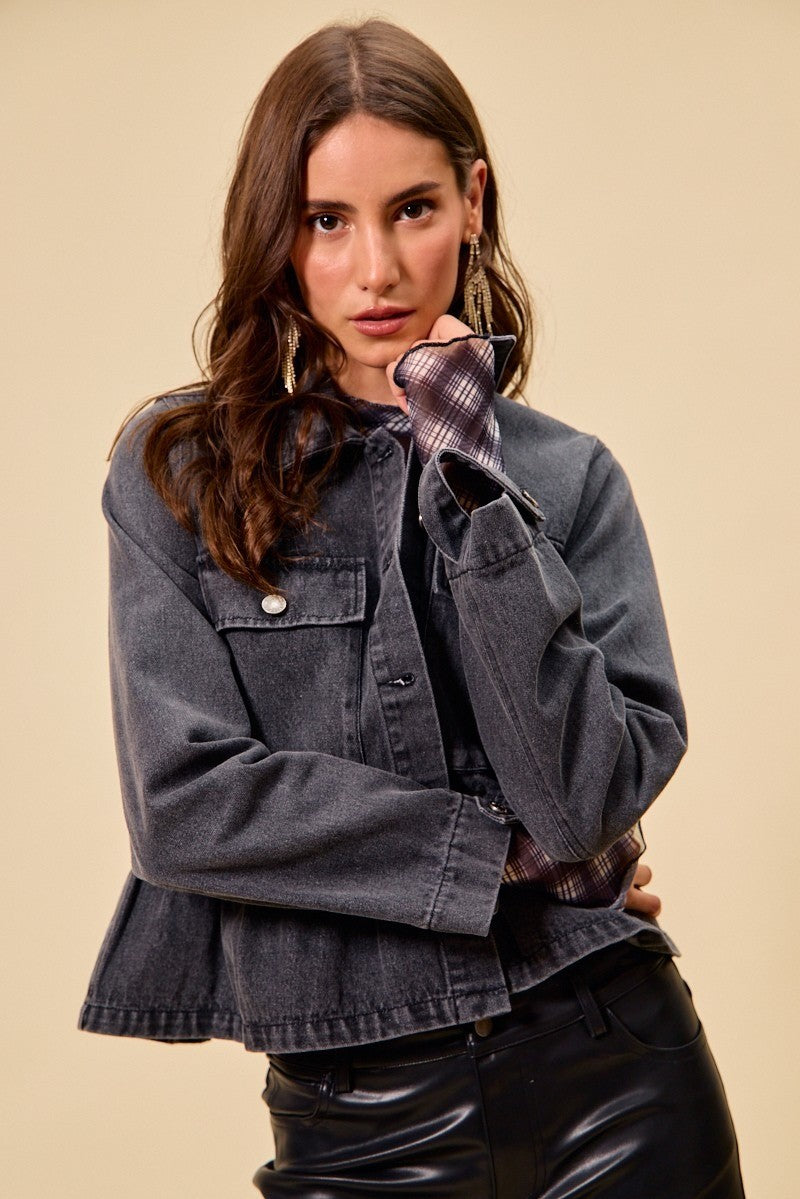 SO ME Denim Peplum Hem Front Button Jacket With Pockets Secondary image