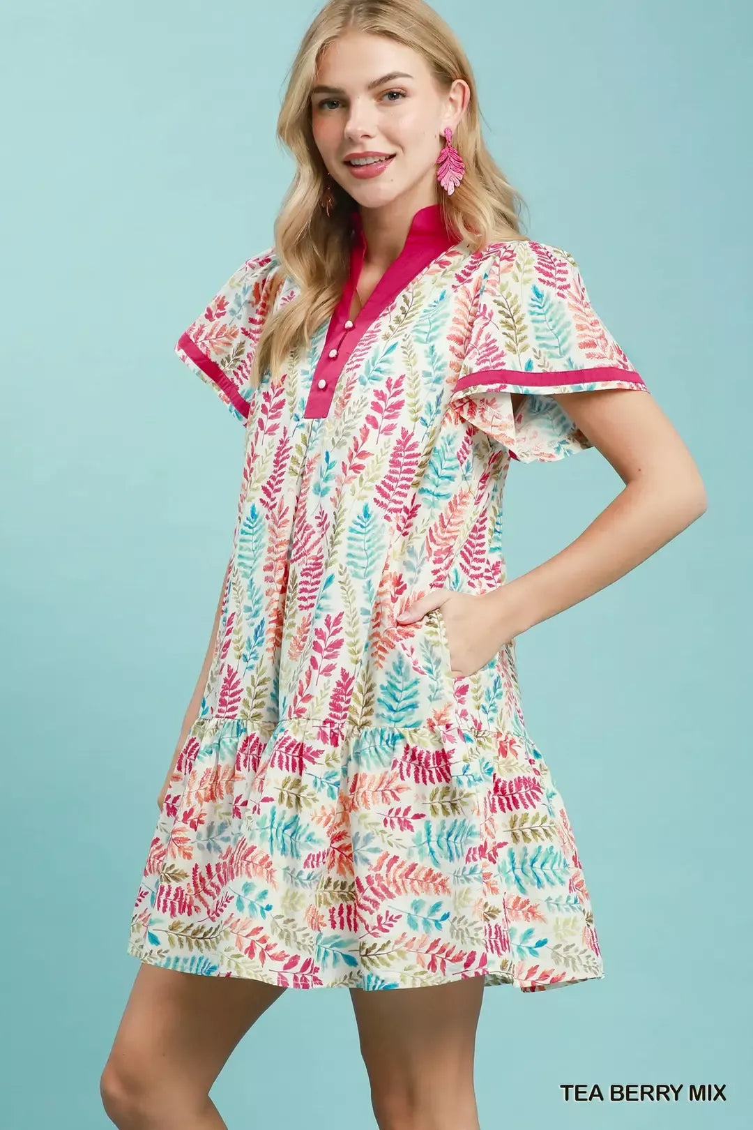 Umgee Leaf Print Flutter Sleeve Tiered Mini Dress Secondary image